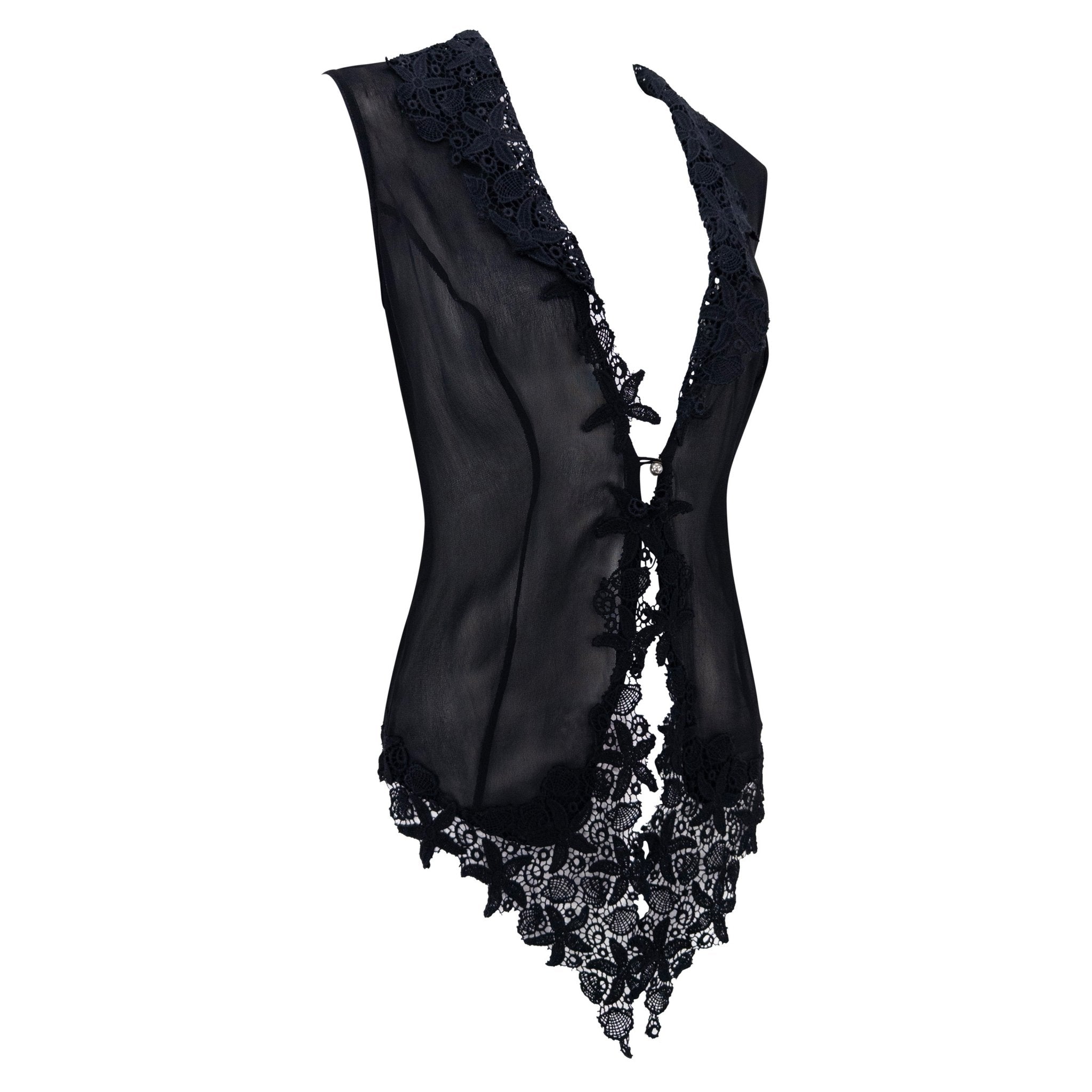 S/S 1993 Rifat Ozbek Runway Sheer Black Lace-Trim Plunging Vest - RealList