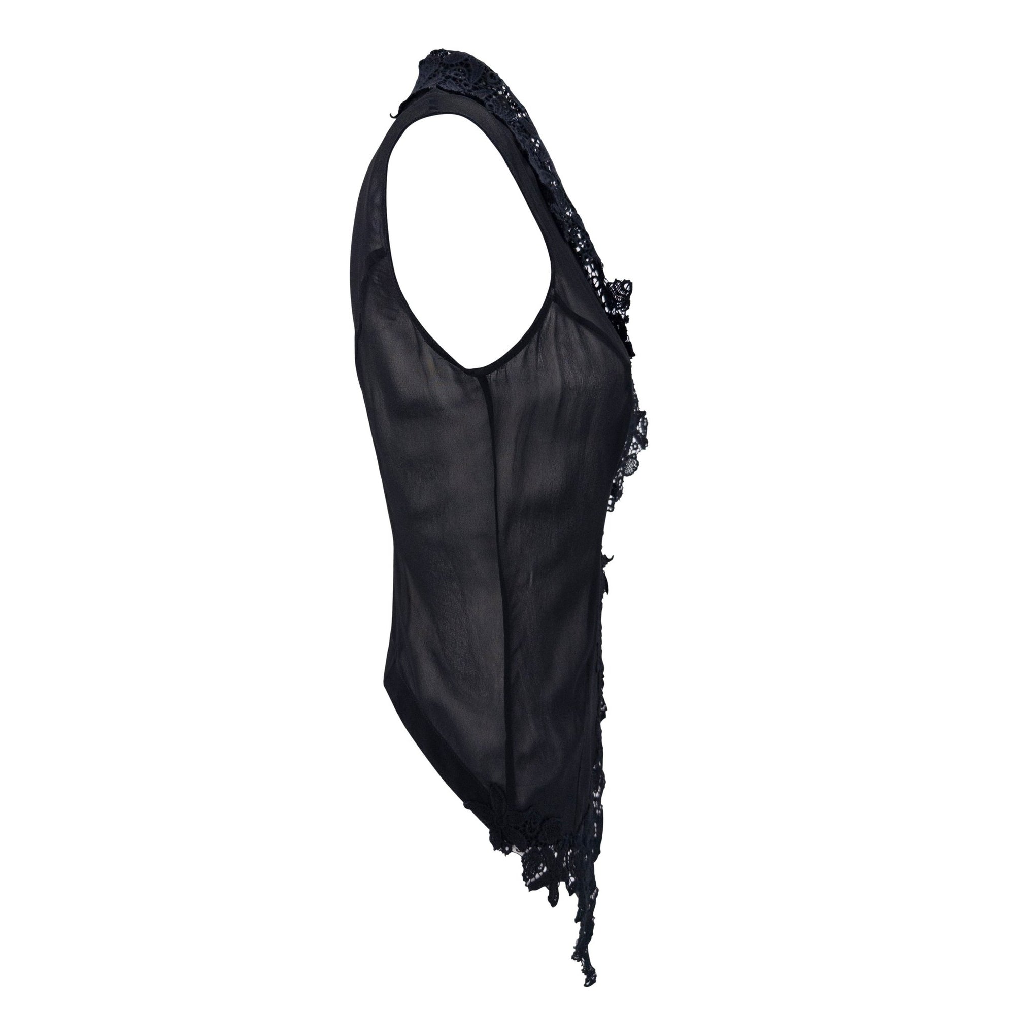 S/S 1993 Rifat Ozbek Runway Sheer Black Lace-Trim Plunging Vest - RealList
