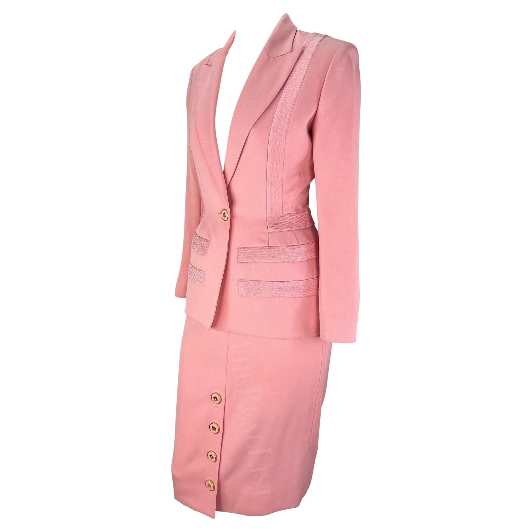 S/S 1993 Valentino Garavani Runway Embroidered Geometric Light Pink Skirt Suit - RealList