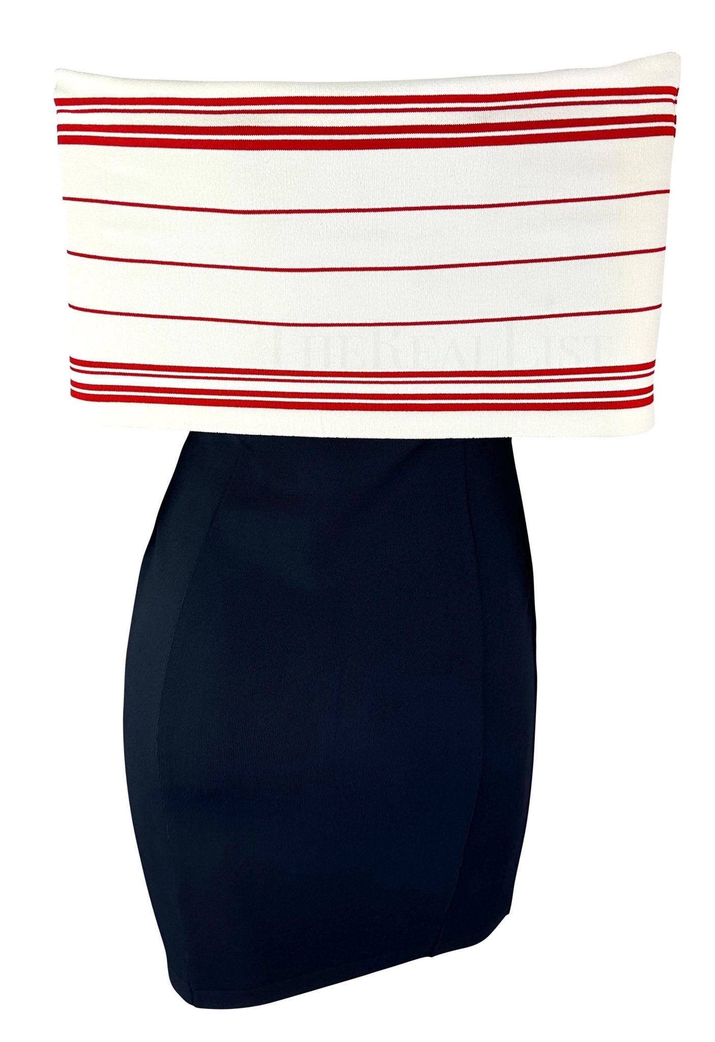 S/S 1994 Angelo Tarlazzi Runway Navy Off - The - Shoulder Knit Bodycon Mini Dress - RealList