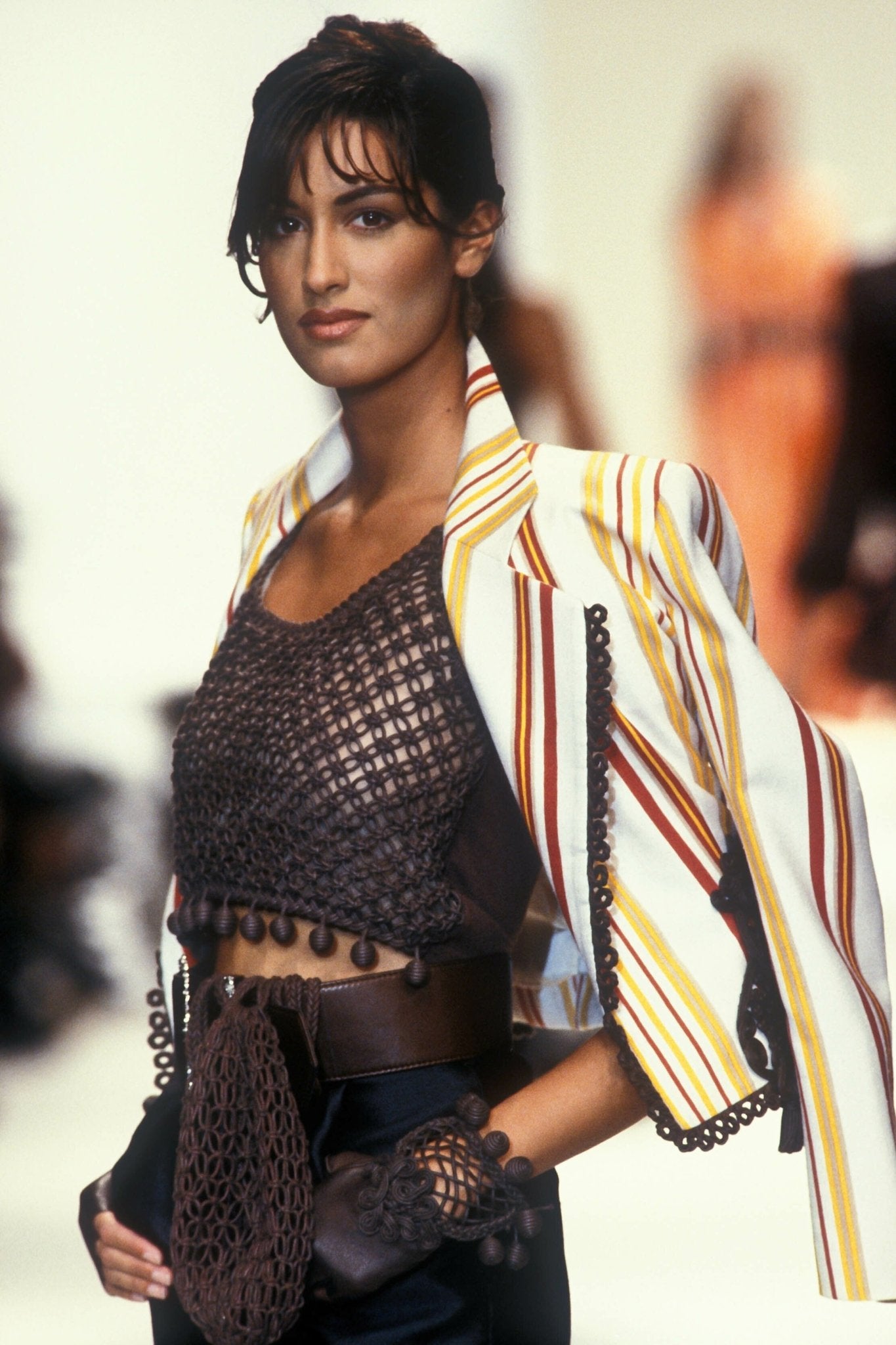 S/S 1994 Christian Dior by Gianfranco Ferré Runway Brown Waxed Cord Crop Top Vest - RealList
