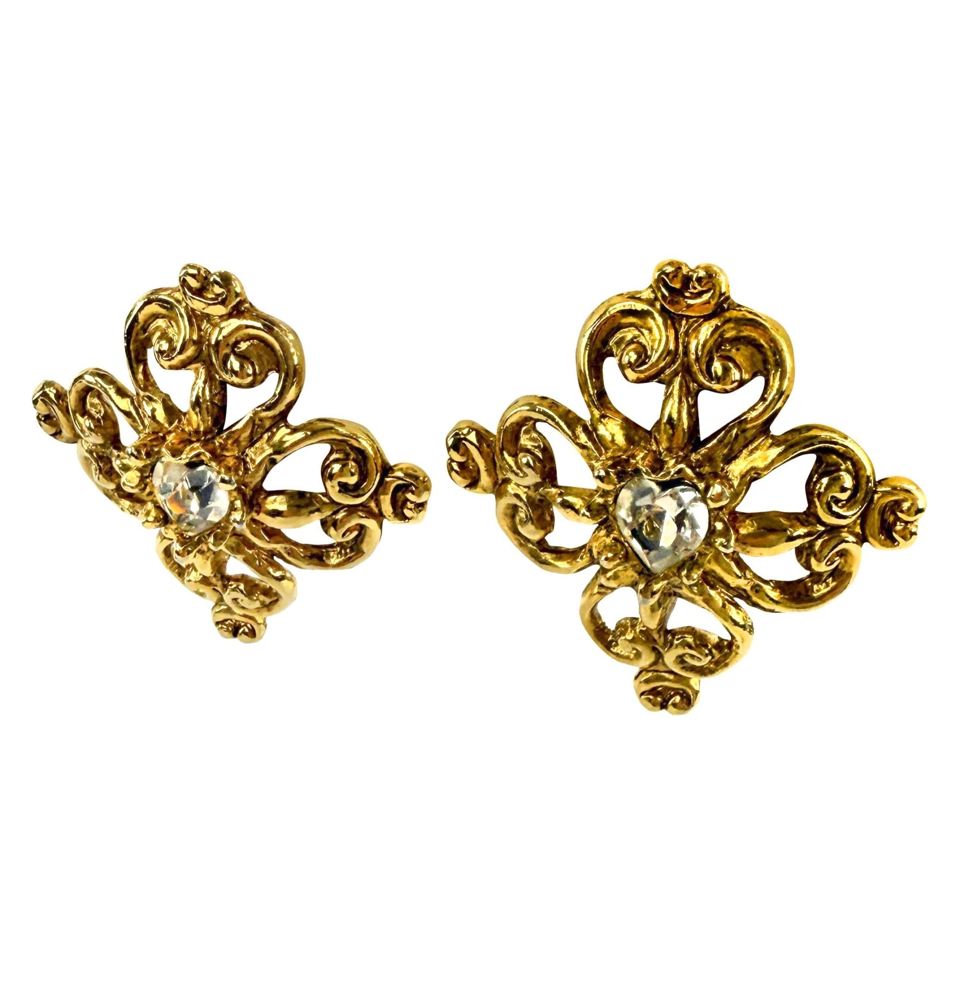 S/S 1994 Christian Lacroix Heart Shaped Rhinestone Gold Filigree Clip - On Earrings - RealList