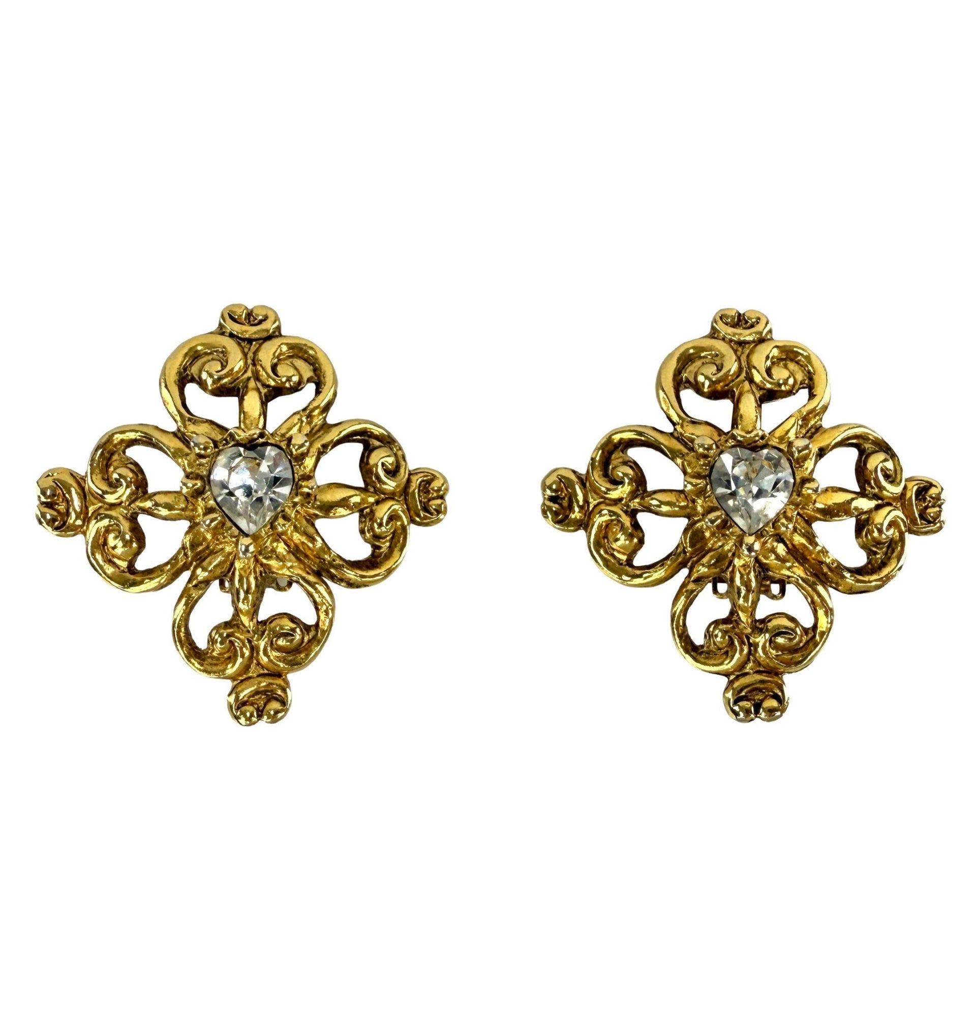S/S 1994 Christian Lacroix Heart Shaped Rhinestone Gold Filigree Clip - On Earrings - RealList