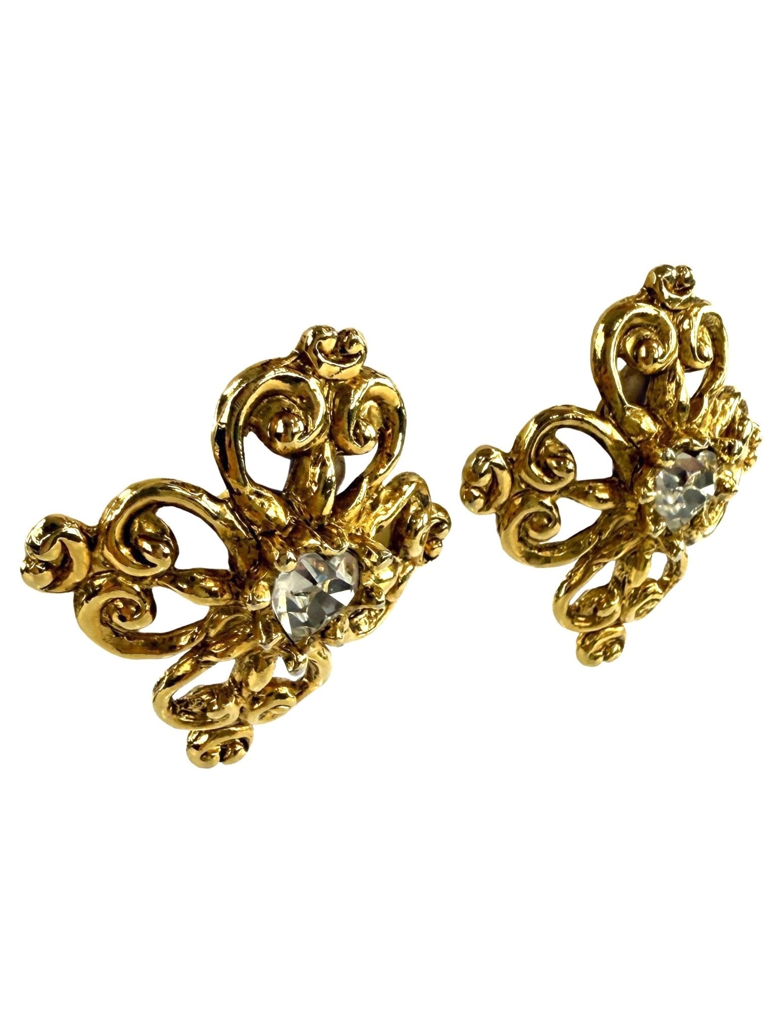 S/S 1994 Christian Lacroix Heart Shaped Rhinestone Gold Filigree Clip - On Earrings - RealList