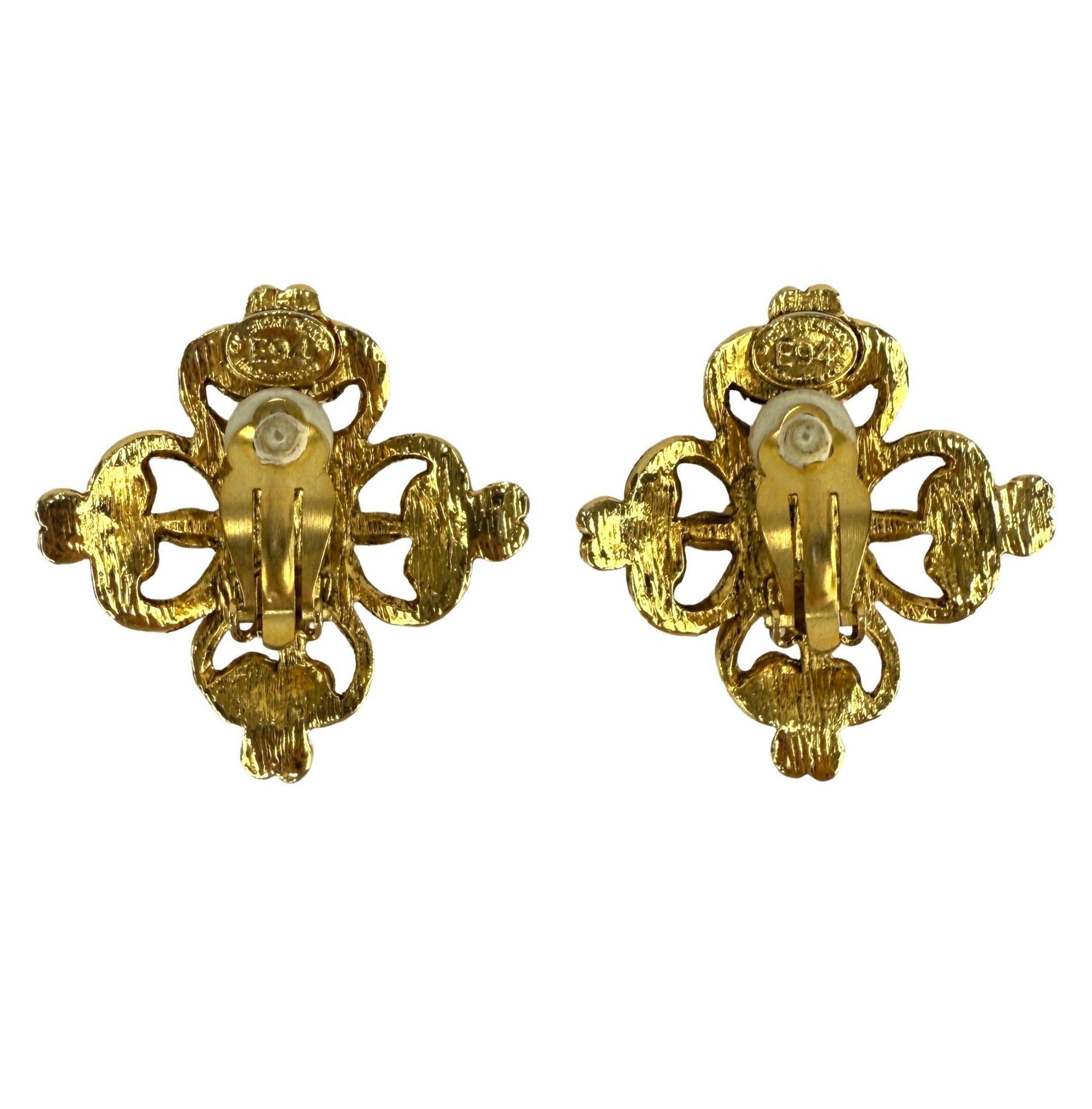 S/S 1994 Christian Lacroix Heart Shaped Rhinestone Gold Filigree Clip - On Earrings - RealList