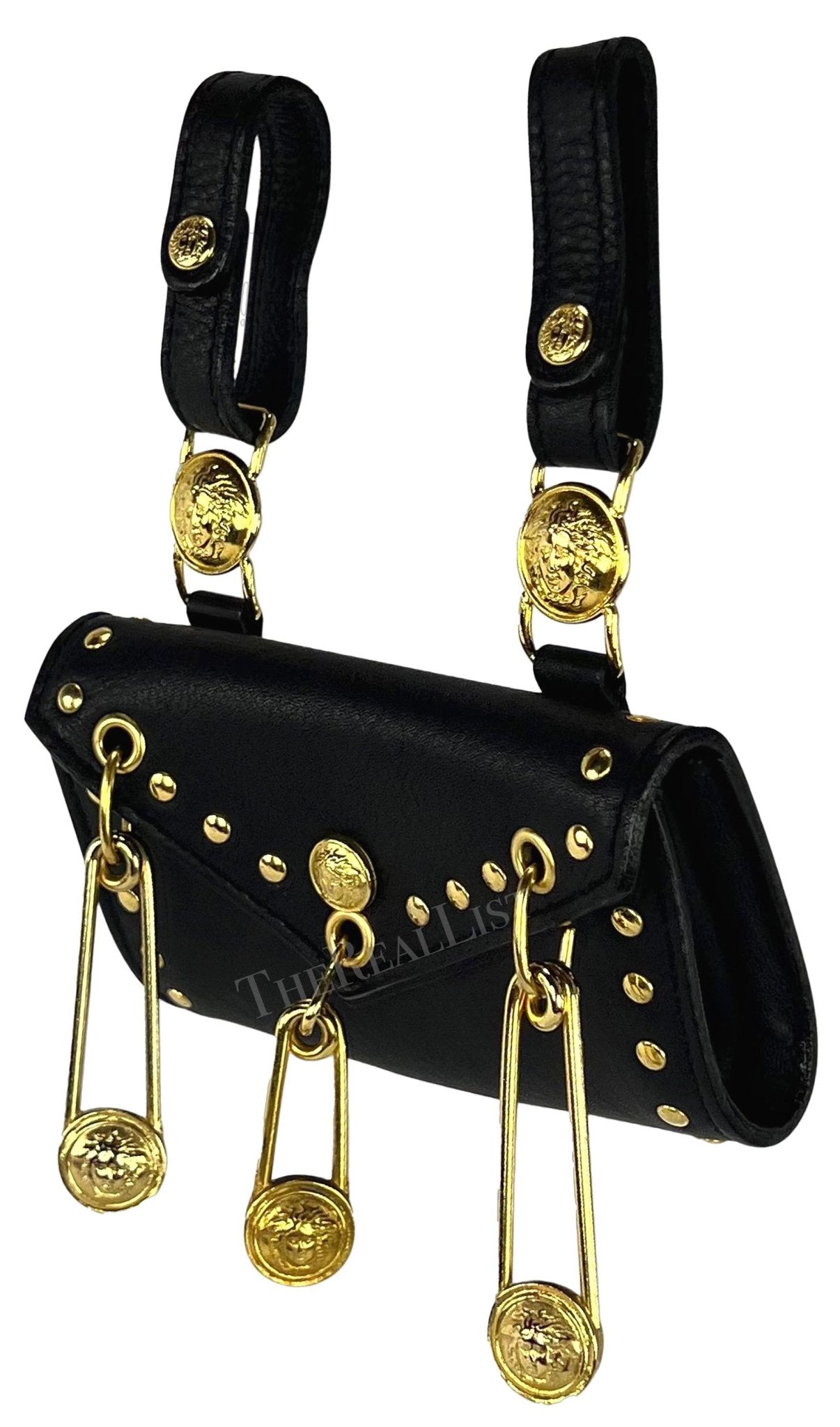 S/S 1994 Gianni Versace Black Leather Gold - Tone Safety Pin Belt Mini Bag Pouch - RealList