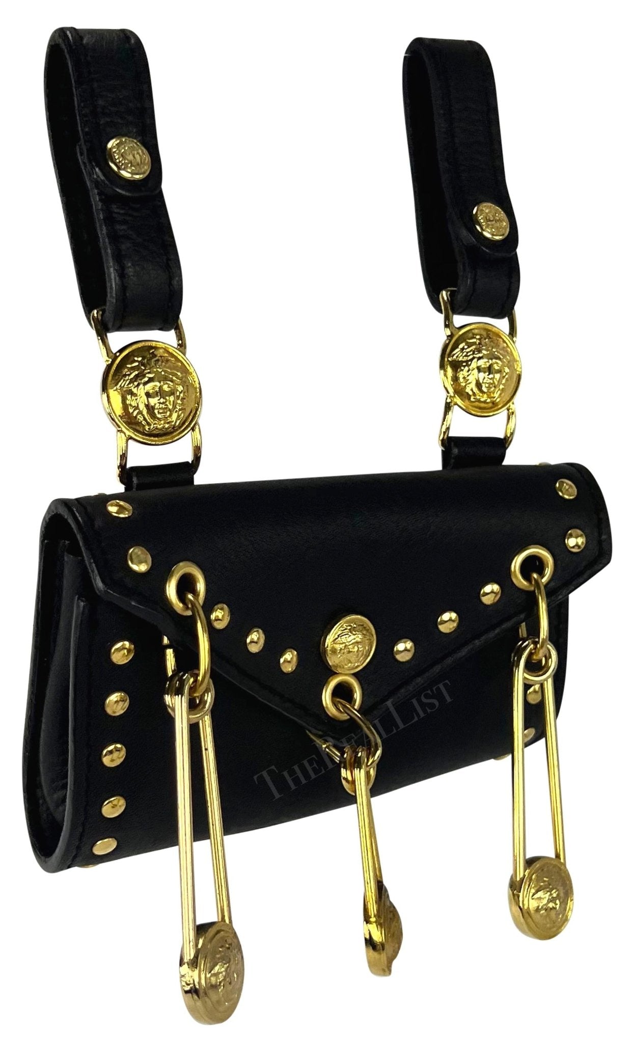 S/S 1994 Gianni Versace Black Leather Gold - Tone Safety Pin Belt Mini Bag Pouch - RealList