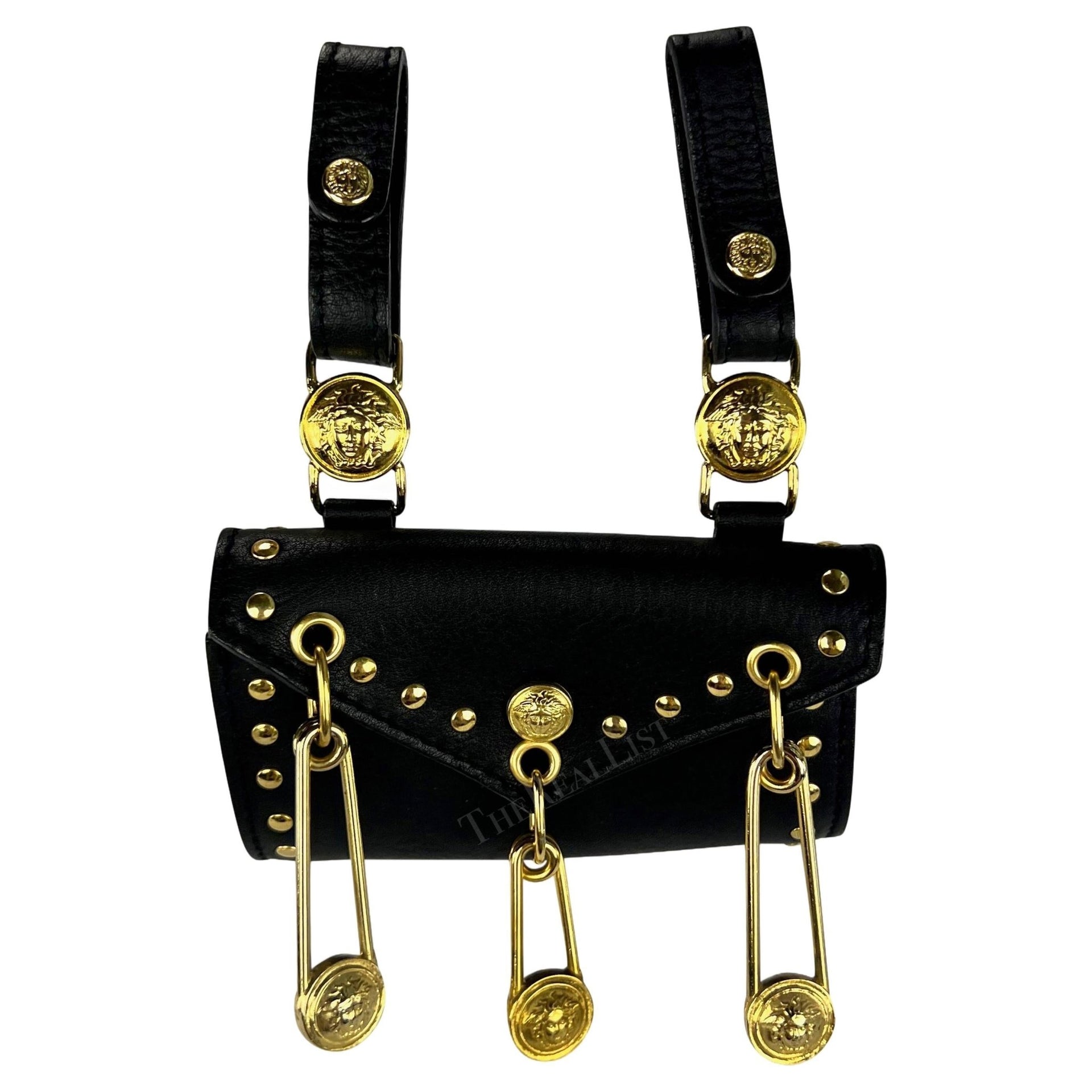 S/S 1994 Gianni Versace Black Leather Gold - Tone Safety Pin Belt Mini Bag Pouch - RealList