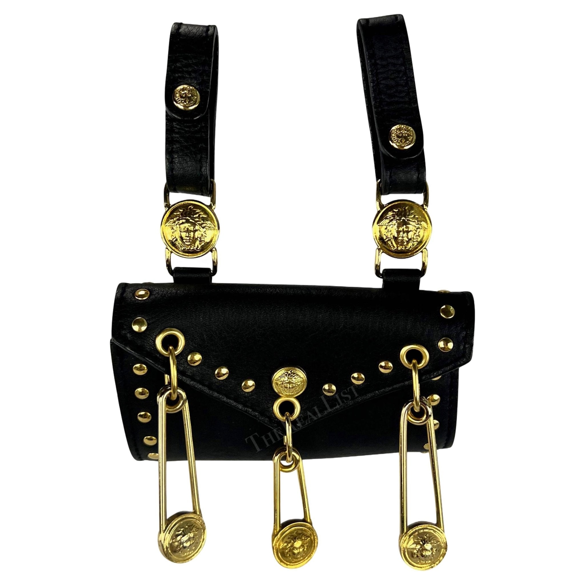 S/S 1994 Gianni Versace Black Leather Gold - Tone Safety Pin Belt Mini Bag Pouch - RealList