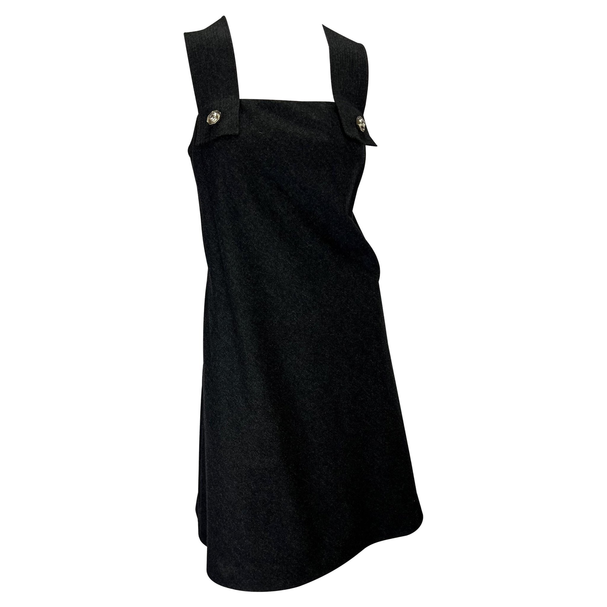 S/S 1994 Gianni Versace Couture Medusa Screw Medallion Strap Grey Wool Dress - RealList