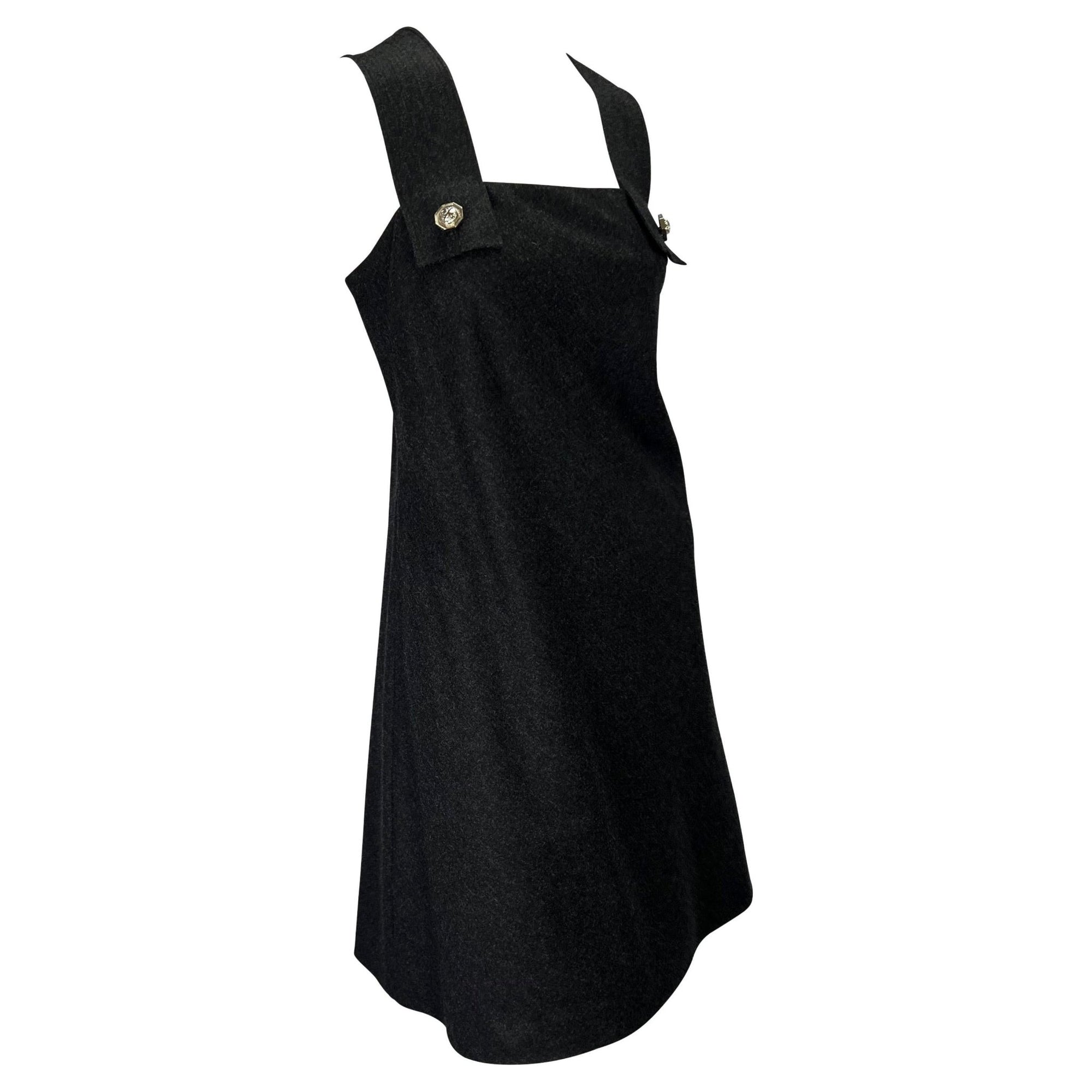 S/S 1994 Gianni Versace Couture Medusa Screw Medallion Strap Grey Wool Dress - RealList