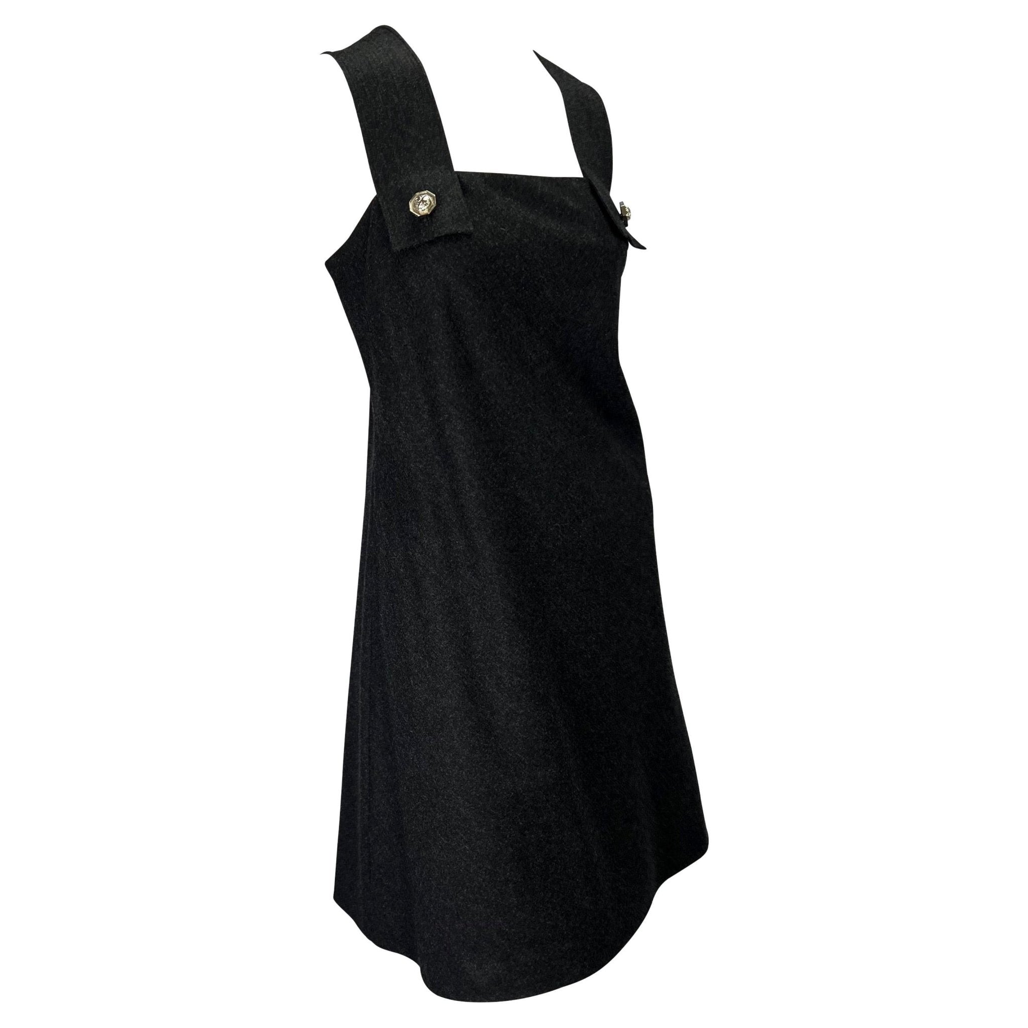 S/S 1994 Gianni Versace Couture Medusa Screw Medallion Strap Grey Wool Dress - RealList
