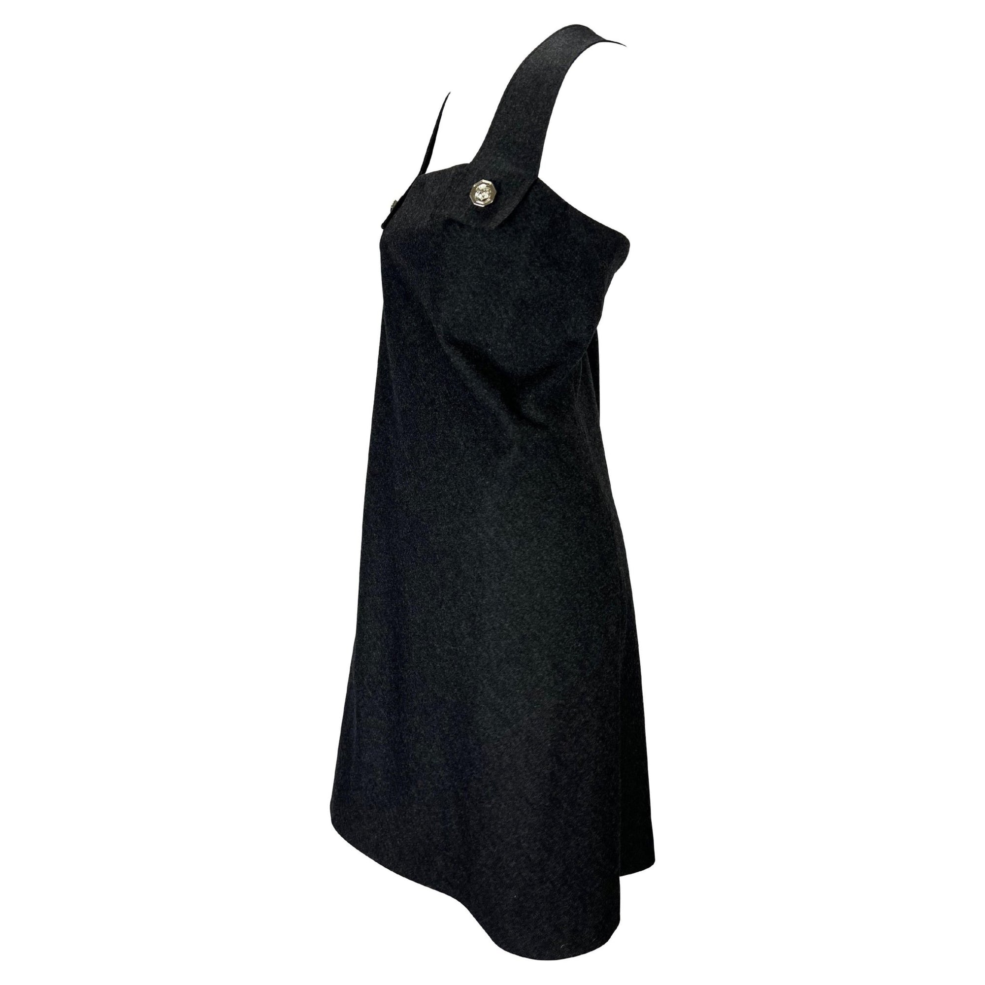 S/S 1994 Gianni Versace Couture Medusa Screw Medallion Strap Grey Wool Dress - RealList