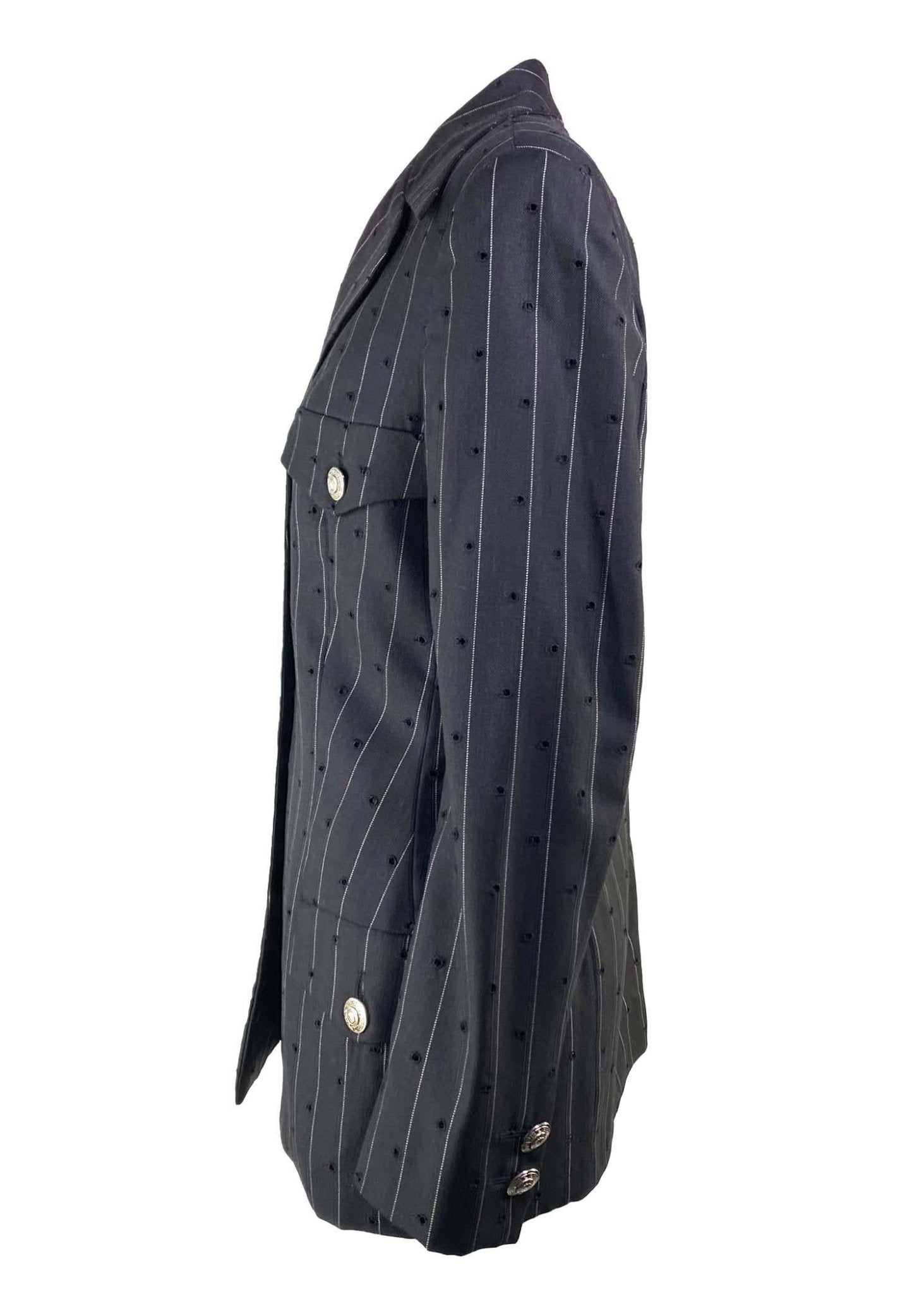 S/S 1994 Gianni Versace Couture Perforated Punk Pinstripe Medusa Wool Blazer - RealList