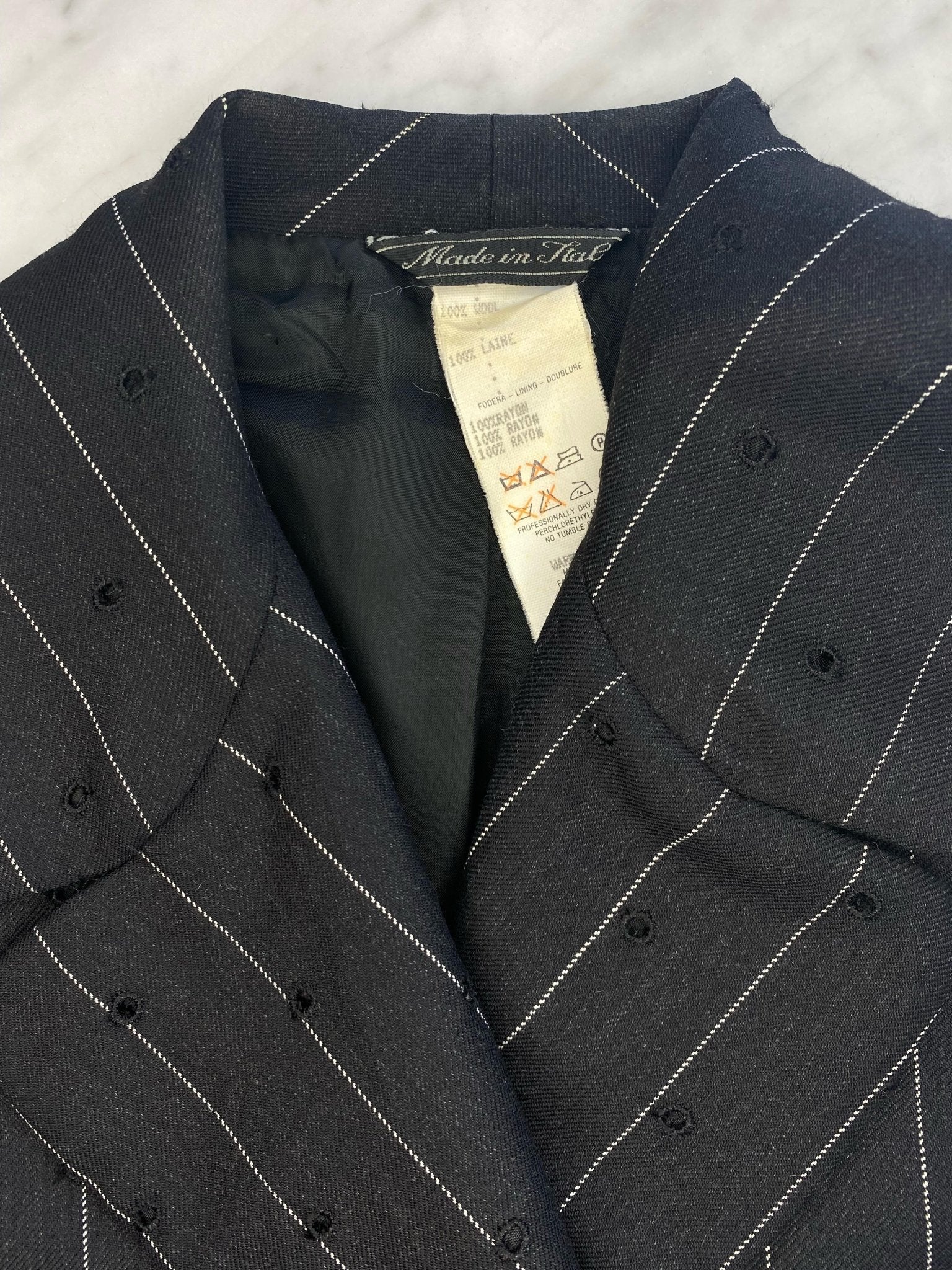 S/S 1994 Gianni Versace Couture Perforated Punk Pinstripe Medusa Wool Blazer - RealList
