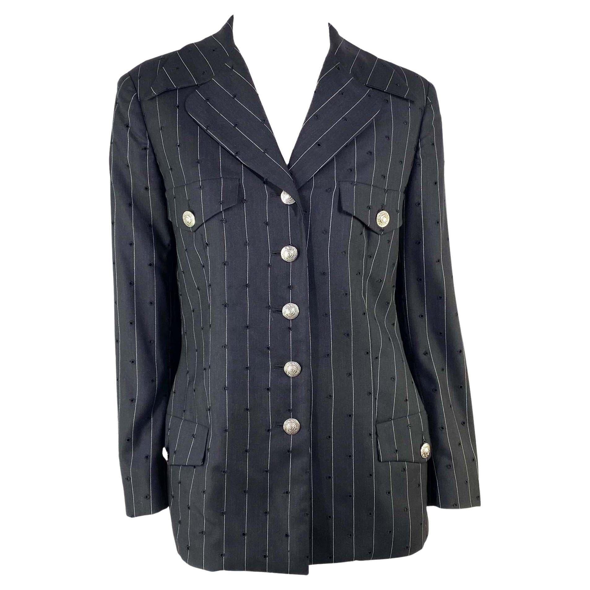 S/S 1994 Gianni Versace Couture Perforated Punk Pinstripe Medusa Wool Blazer - RealList