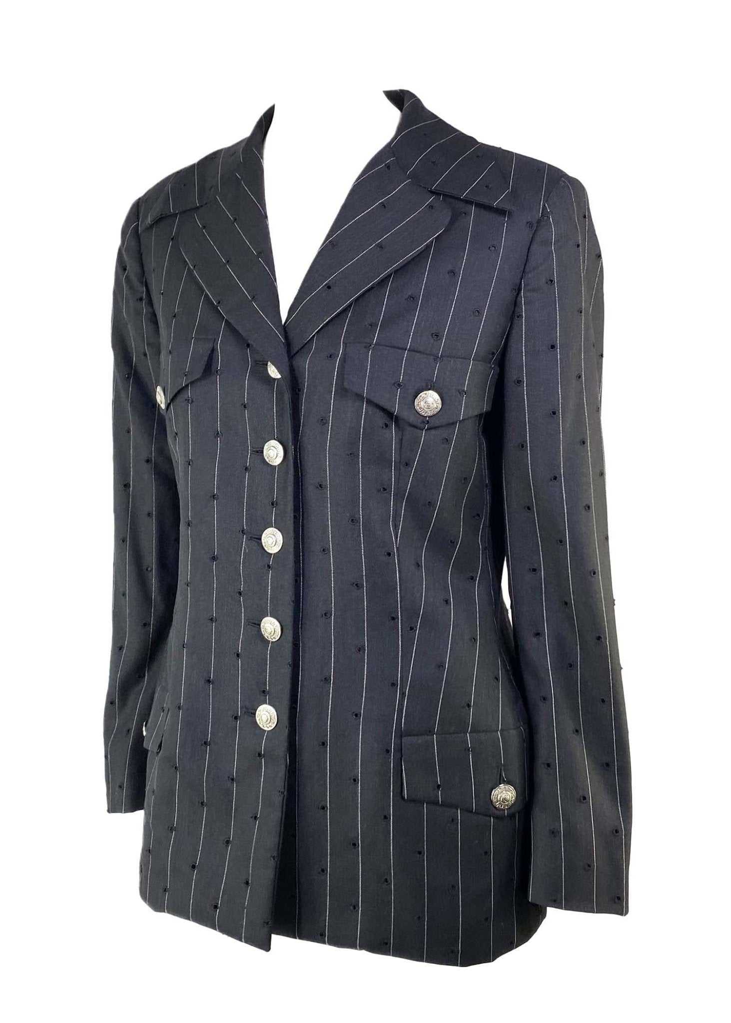 S/S 1994 Gianni Versace Couture Perforated Punk Pinstripe Medusa Wool Blazer - RealList