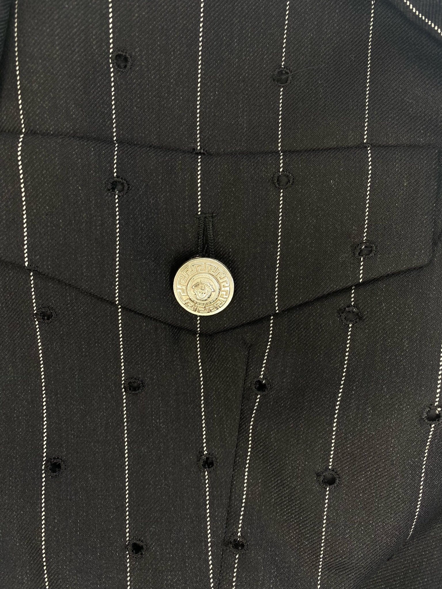 S/S 1994 Gianni Versace Couture Perforated Punk Pinstripe Medusa Wool Blazer - RealList