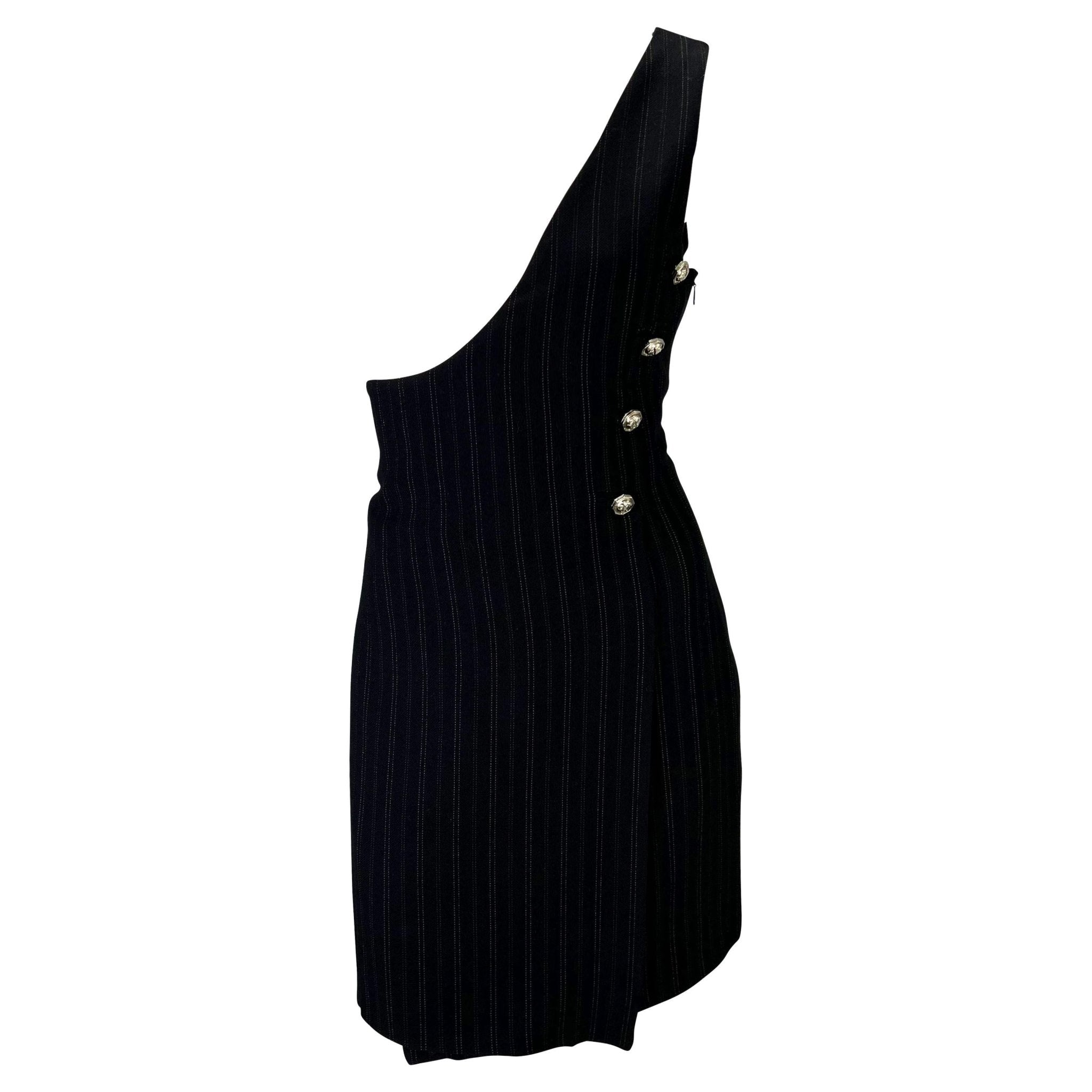 S/S 1994 Gianni Versace Couture Pinstripe Wool Asymmetric Medusa Punk Dress - RealList