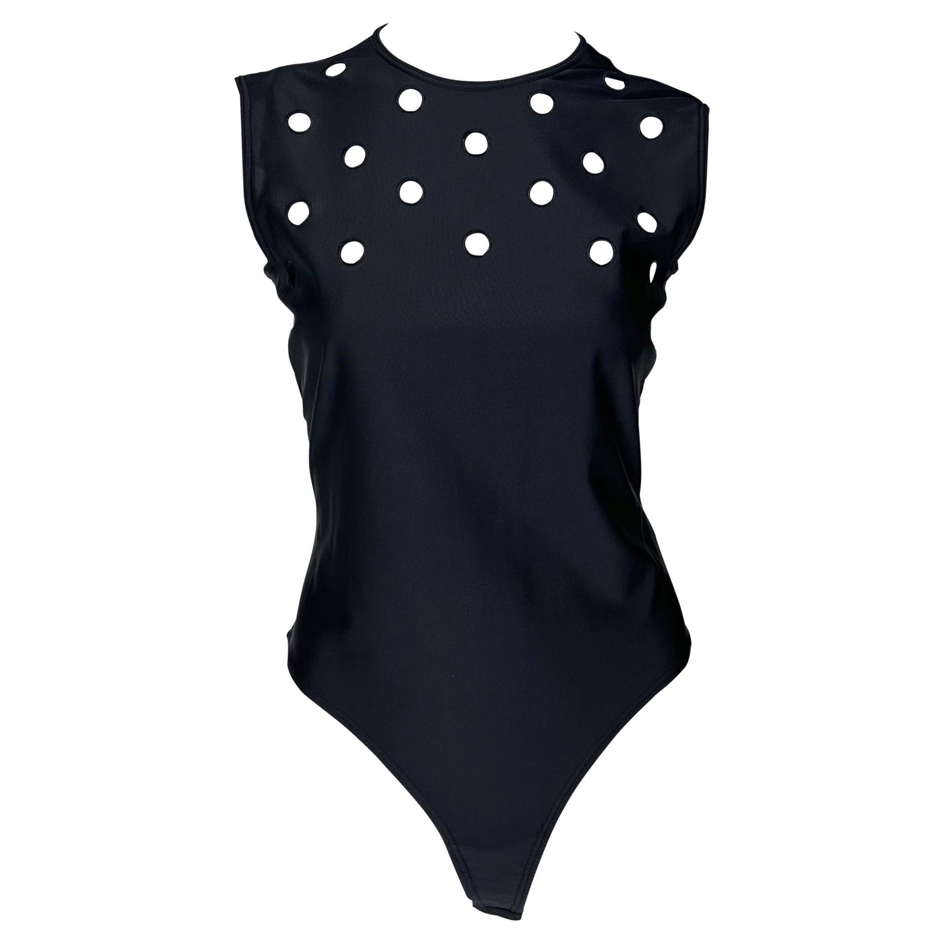 S/S 1994 Gianni Versace Couture Runway Eyelet Cutout Stretch Black Bodysuit Top - RealList