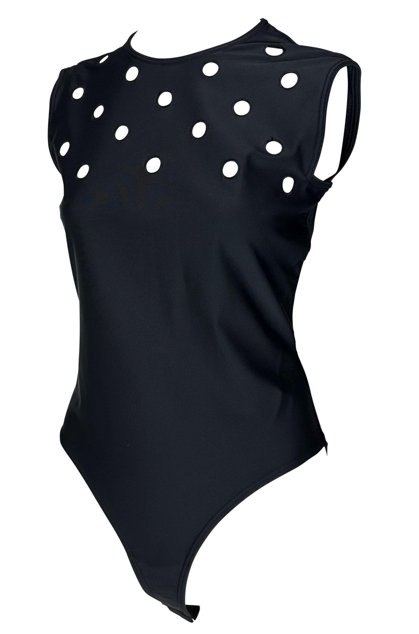 S/S 1994 Gianni Versace Couture Runway Eyelet Cutout Stretch Black Bodysuit Top - RealList