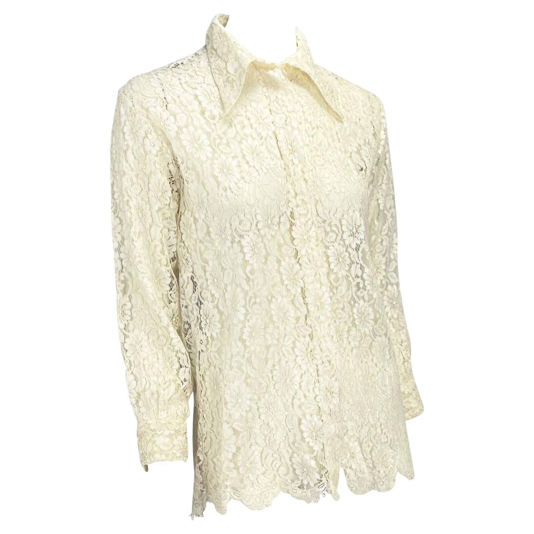 S/S 1994 Gianni Versace Couture Sheer White Lace Medusa Button Up Top - RealList