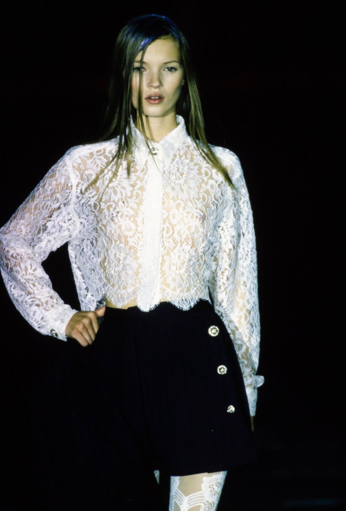 S/S 1994 Gianni Versace Couture Sheer White Lace Medusa Button Up Top - RealList