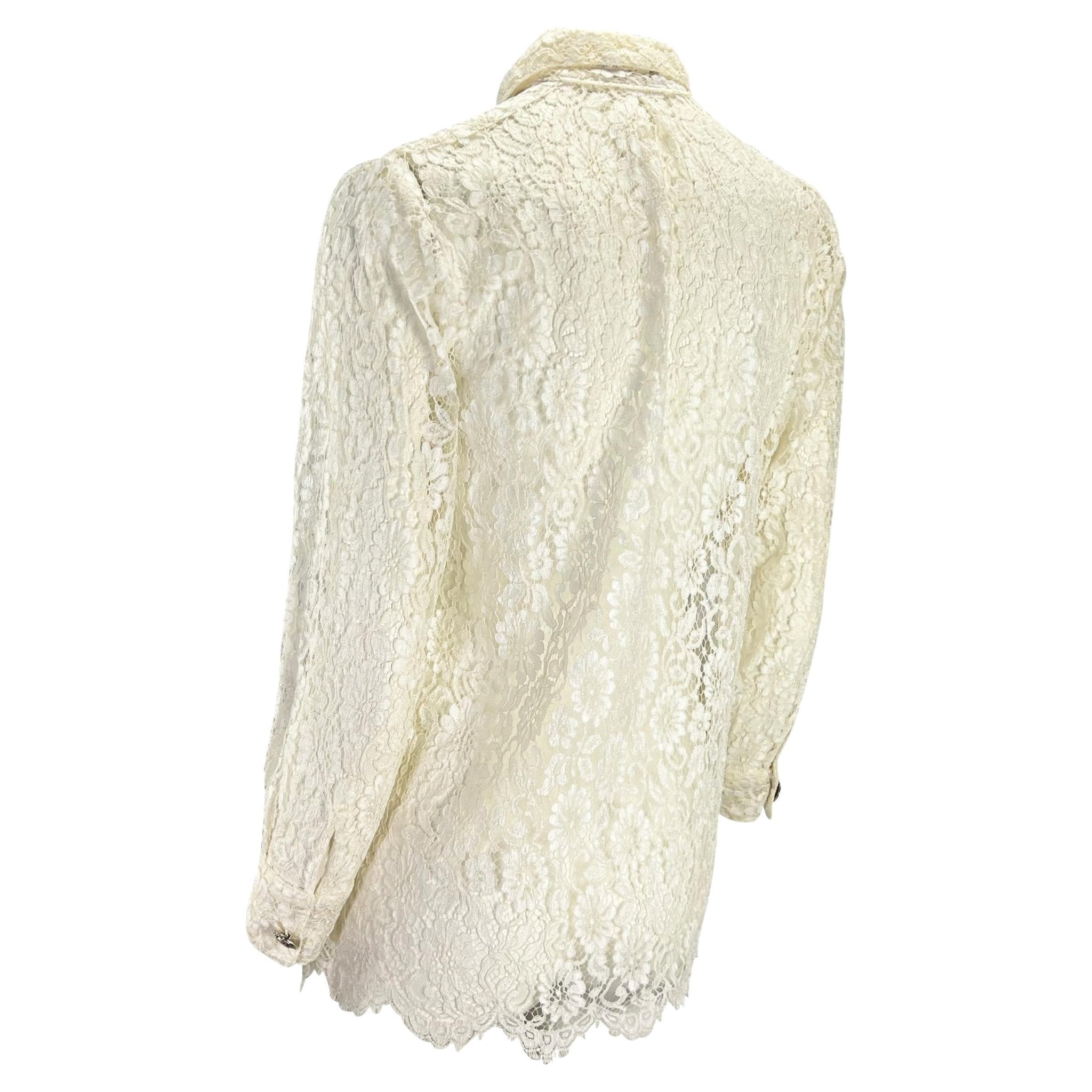 S/S 1994 Gianni Versace Couture Sheer White Lace Medusa Button Up Top - RealList