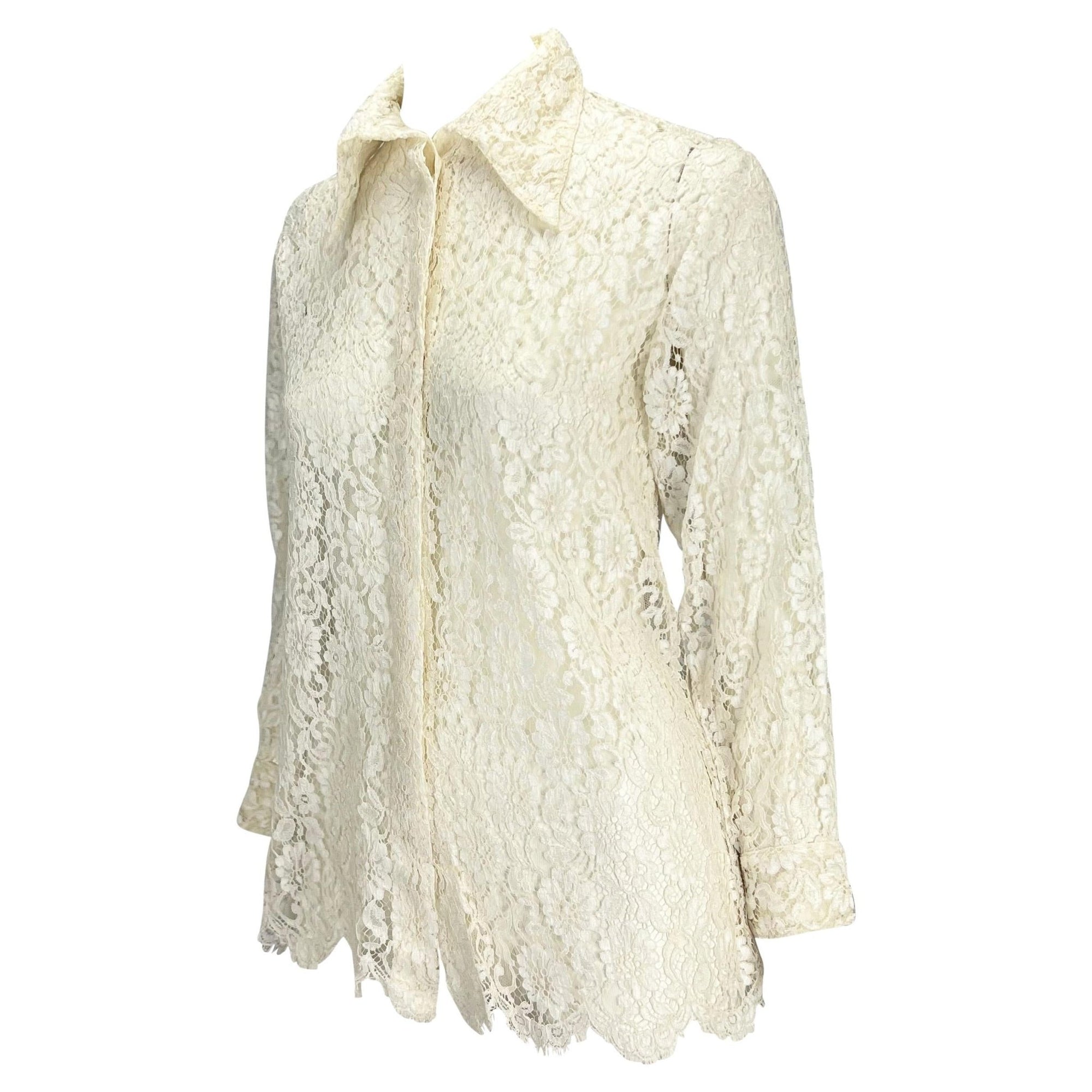S/S 1994 Gianni Versace Couture Sheer White Lace Medusa Button Up Top - RealList