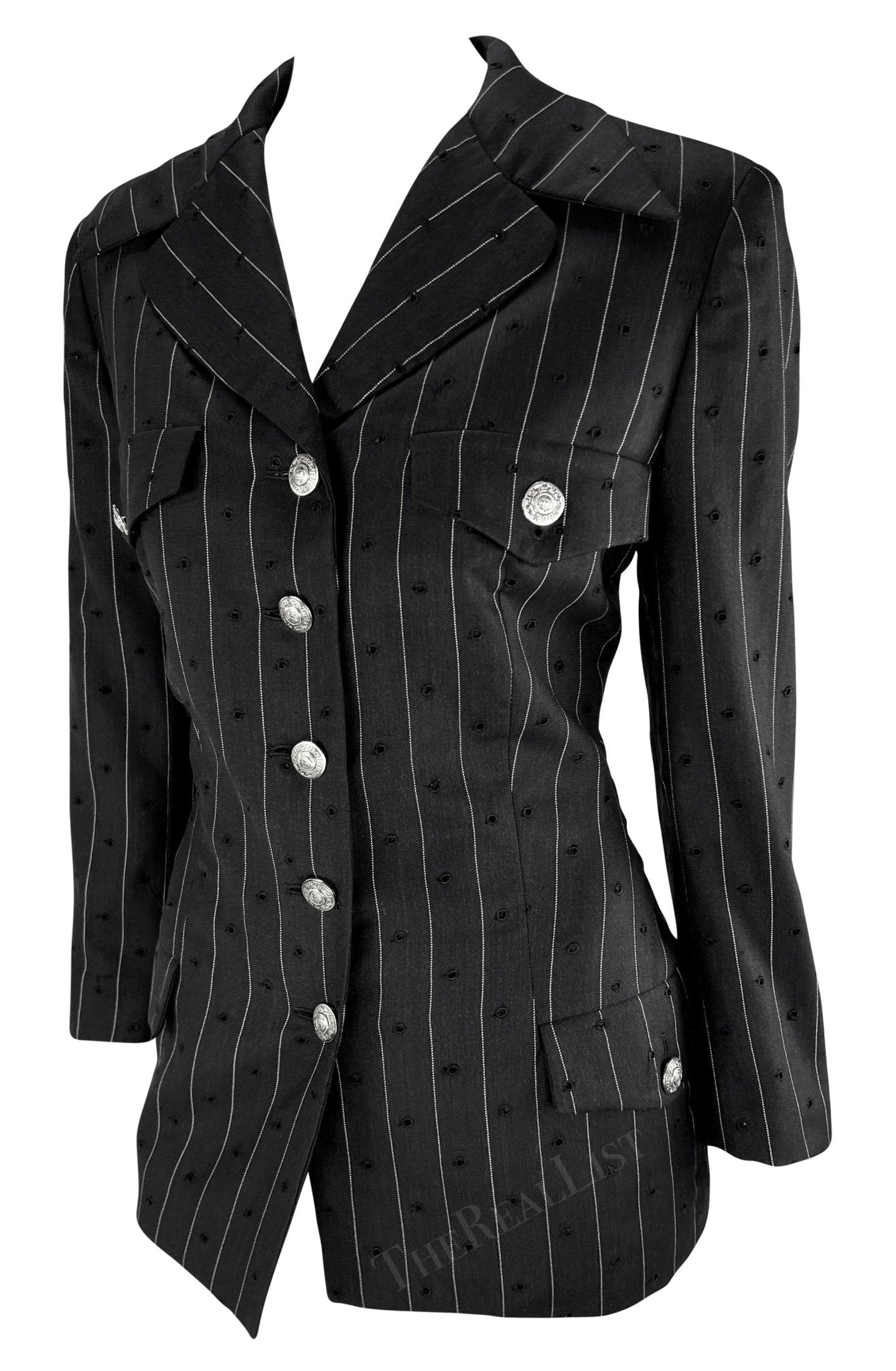 S/S 1994 Gianni Versace Eyelet Cutout Pinstripe Medusa Pocket Blazer Jacket - RealList