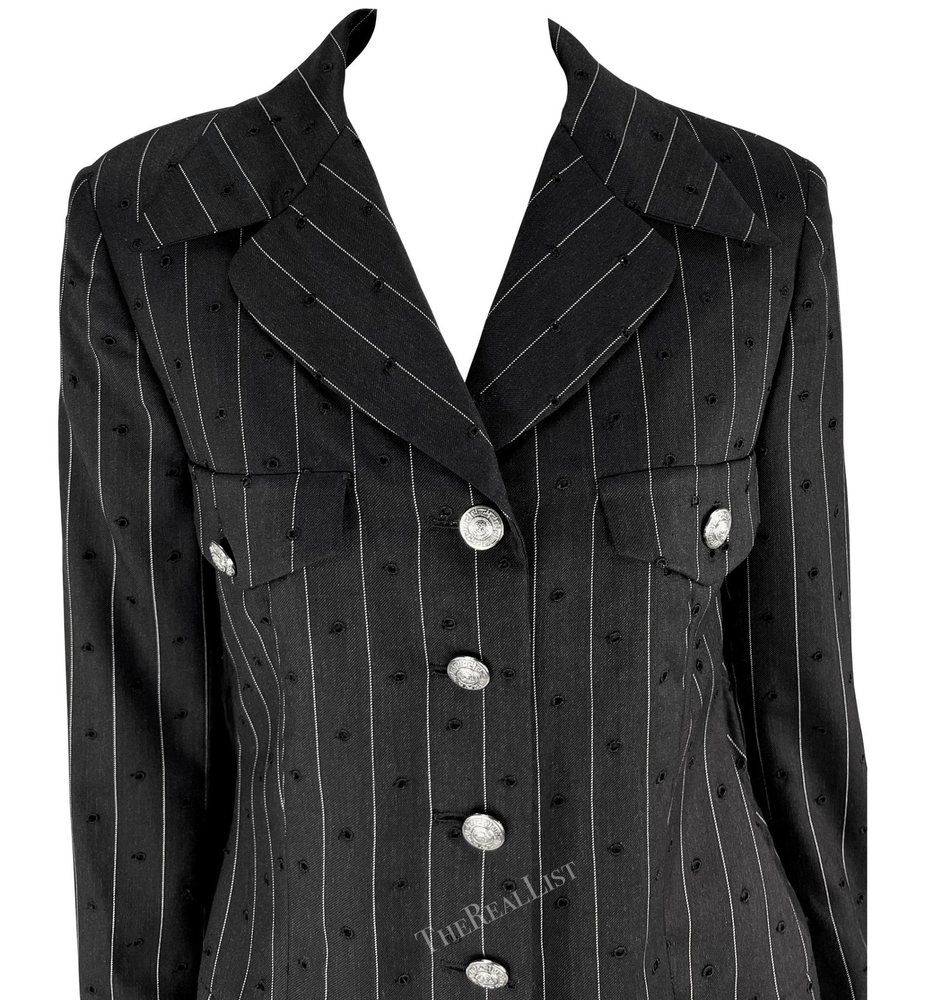 S/S 1994 Gianni Versace Eyelet Cutout Pinstripe Medusa Pocket Blazer Jacket - RealList