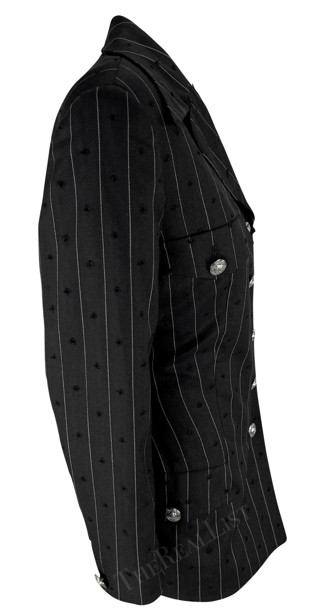 S/S 1994 Gianni Versace Eyelet Cutout Pinstripe Medusa Pocket Blazer Jacket - RealList