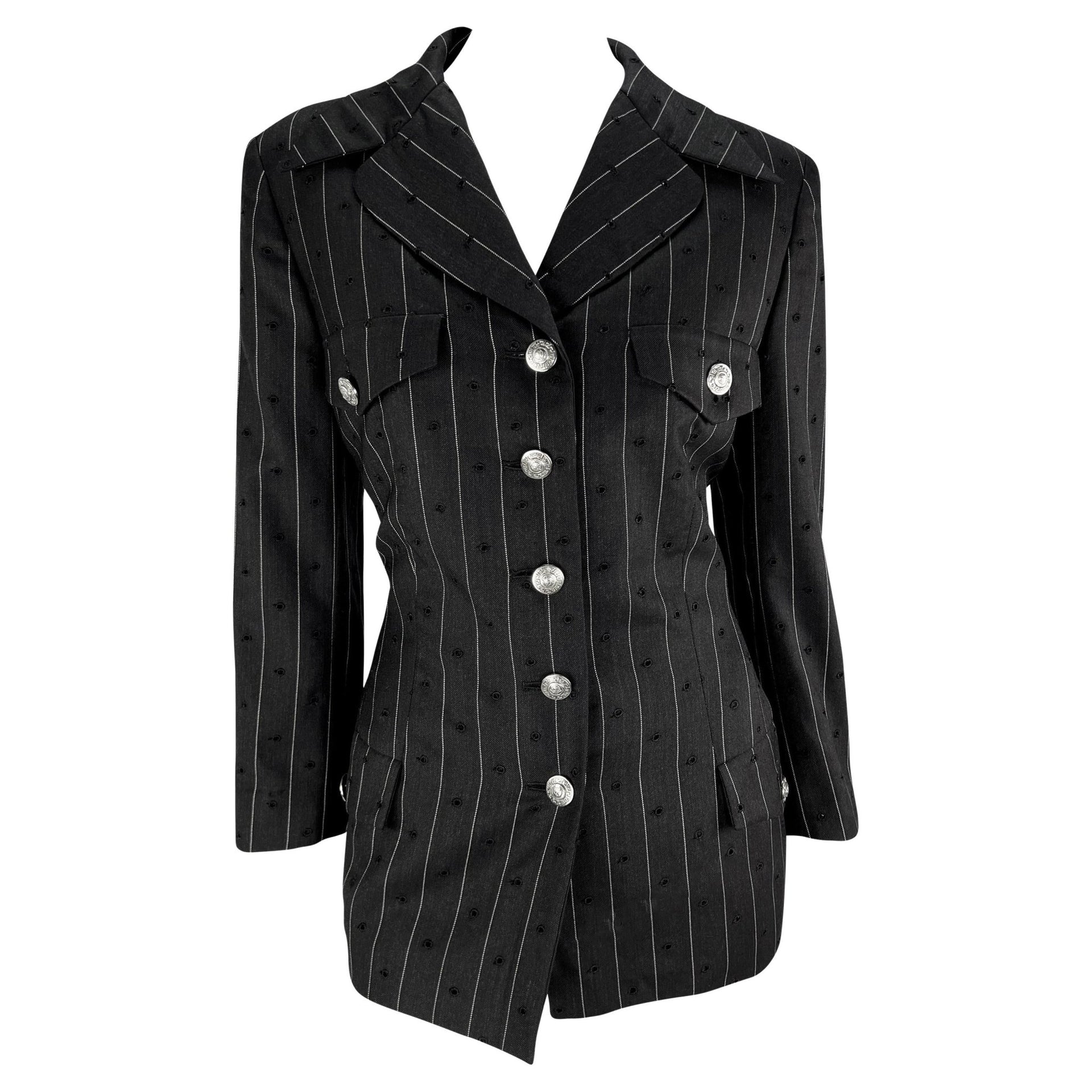 S/S 1994 Gianni Versace Eyelet Cutout Pinstripe Medusa Pocket Blazer Jacket - RealList