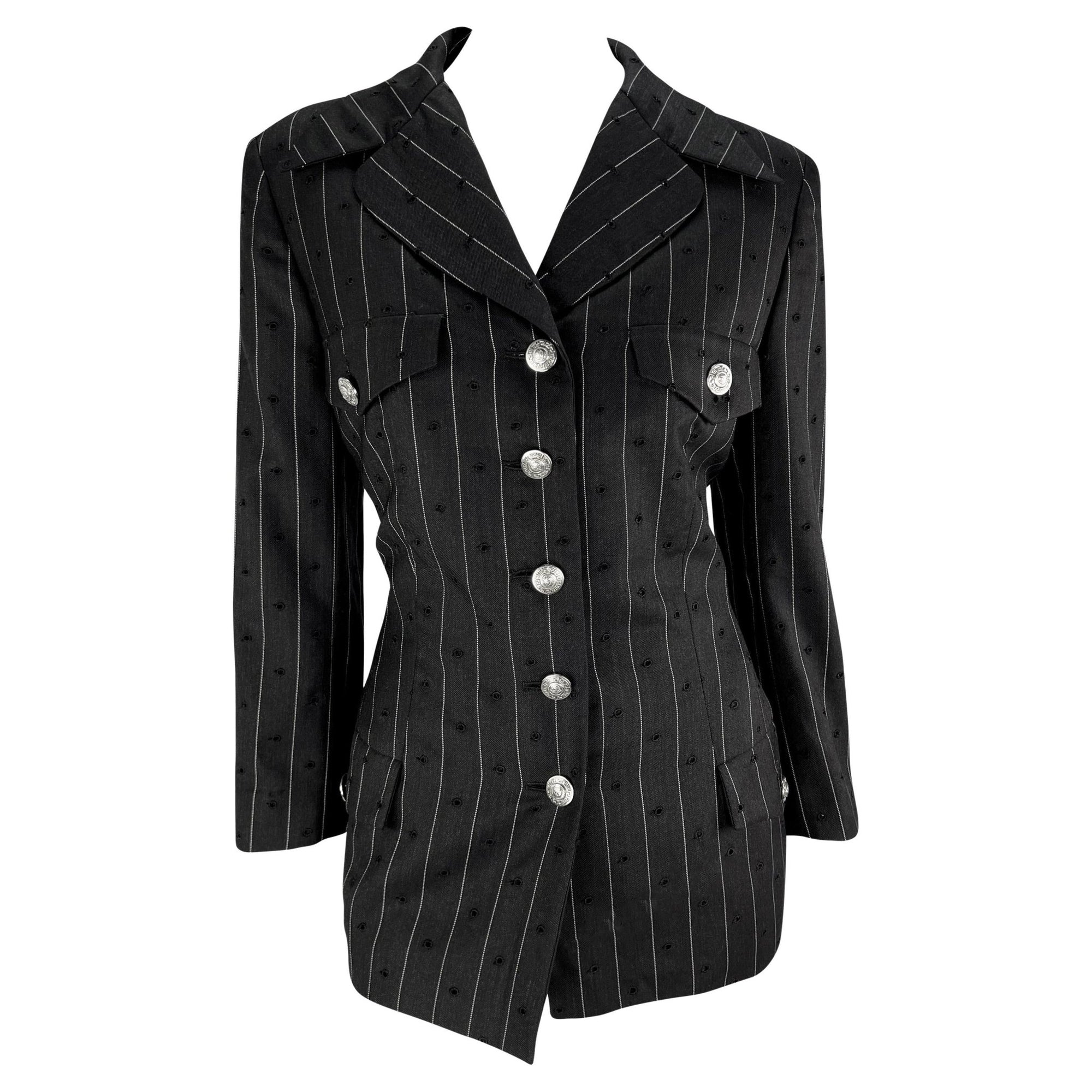 S/S 1994 Gianni Versace Eyelet Cutout Pinstripe Medusa Pocket Blazer Jacket - RealList