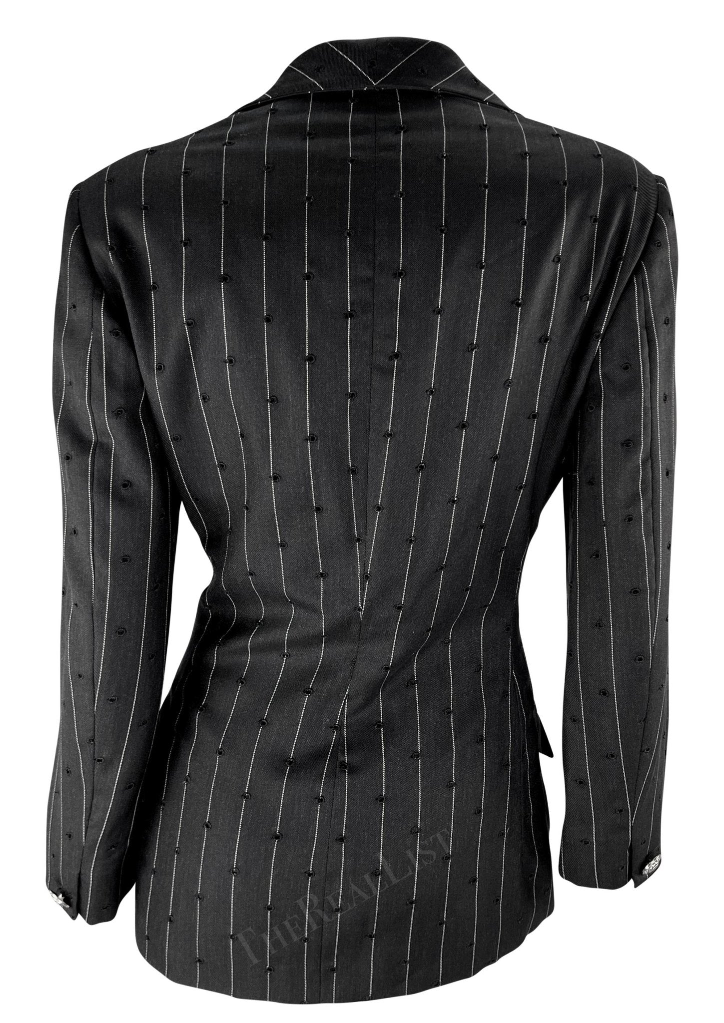 S/S 1994 Gianni Versace Eyelet Cutout Pinstripe Medusa Pocket Blazer Jacket - RealList