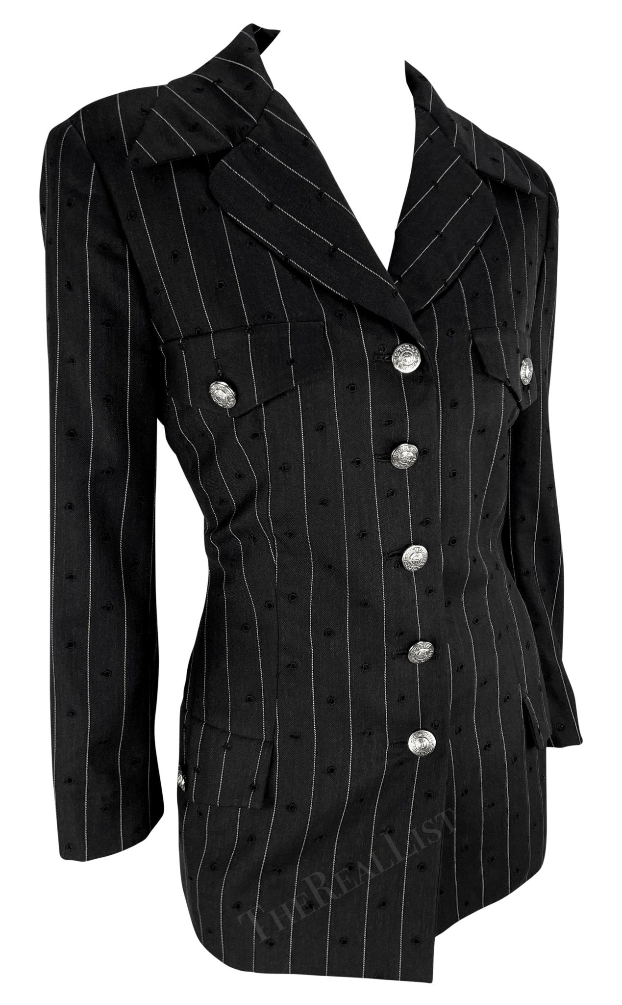 S/S 1994 Gianni Versace Eyelet Cutout Pinstripe Medusa Pocket Blazer Jacket - RealList