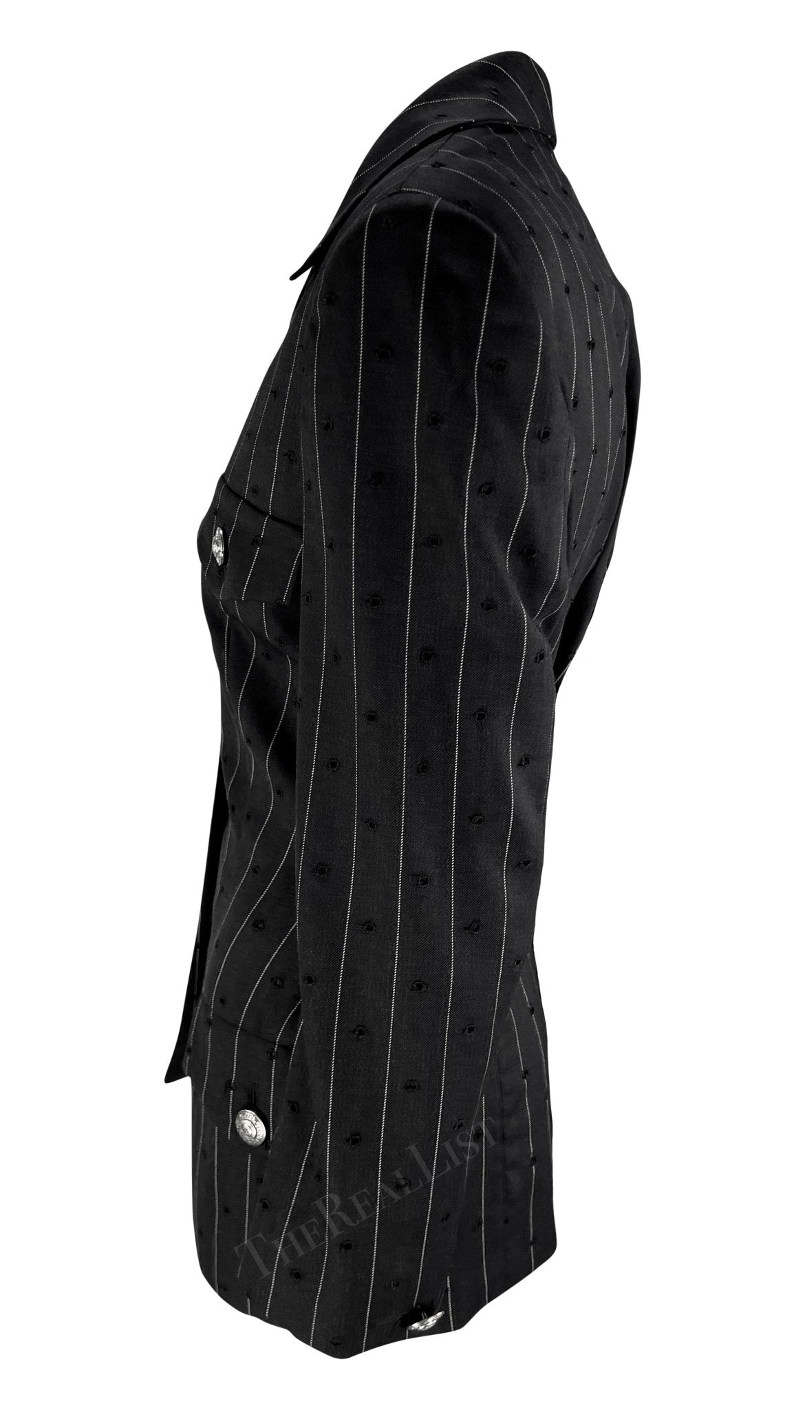 S/S 1994 Gianni Versace Eyelet Cutout Pinstripe Medusa Pocket Blazer Jacket - RealList