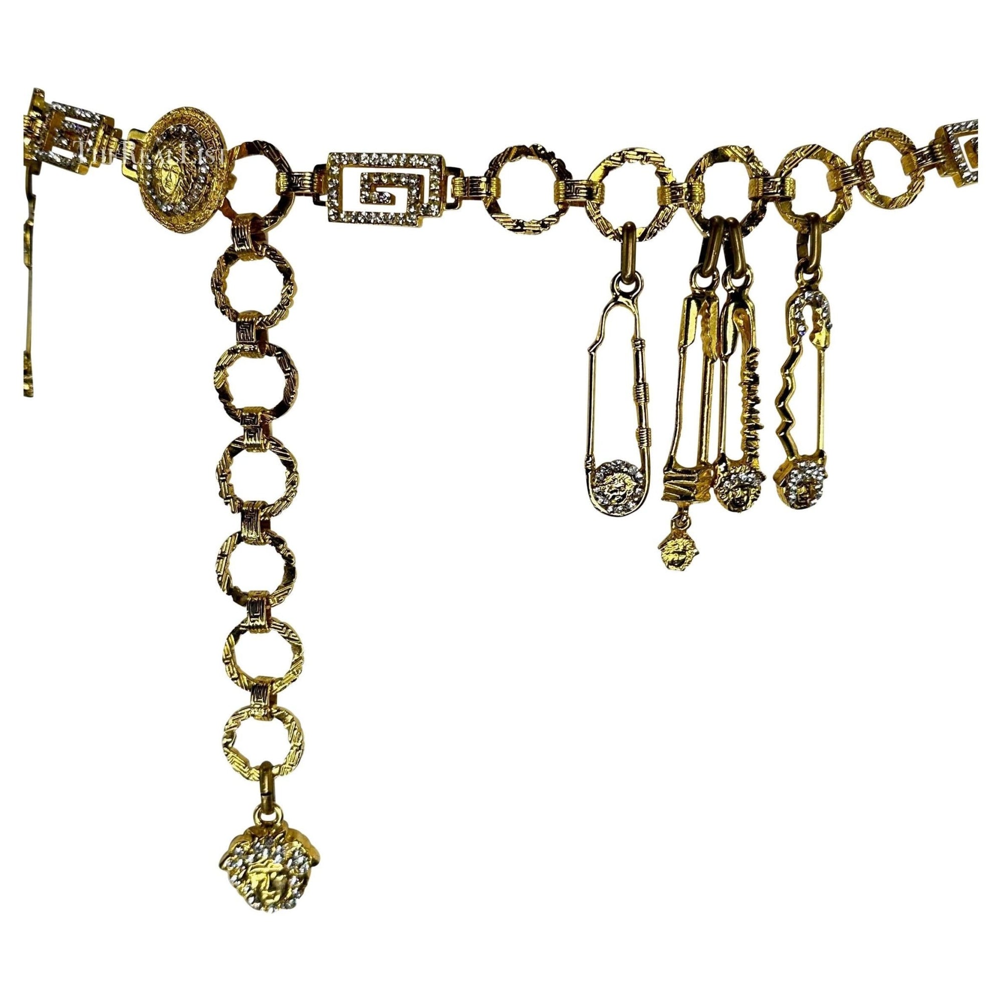 S/S 1994 Gianni Versace Gold Tone Rhinestone Safety Pin Medusa Chain Belt - RealList