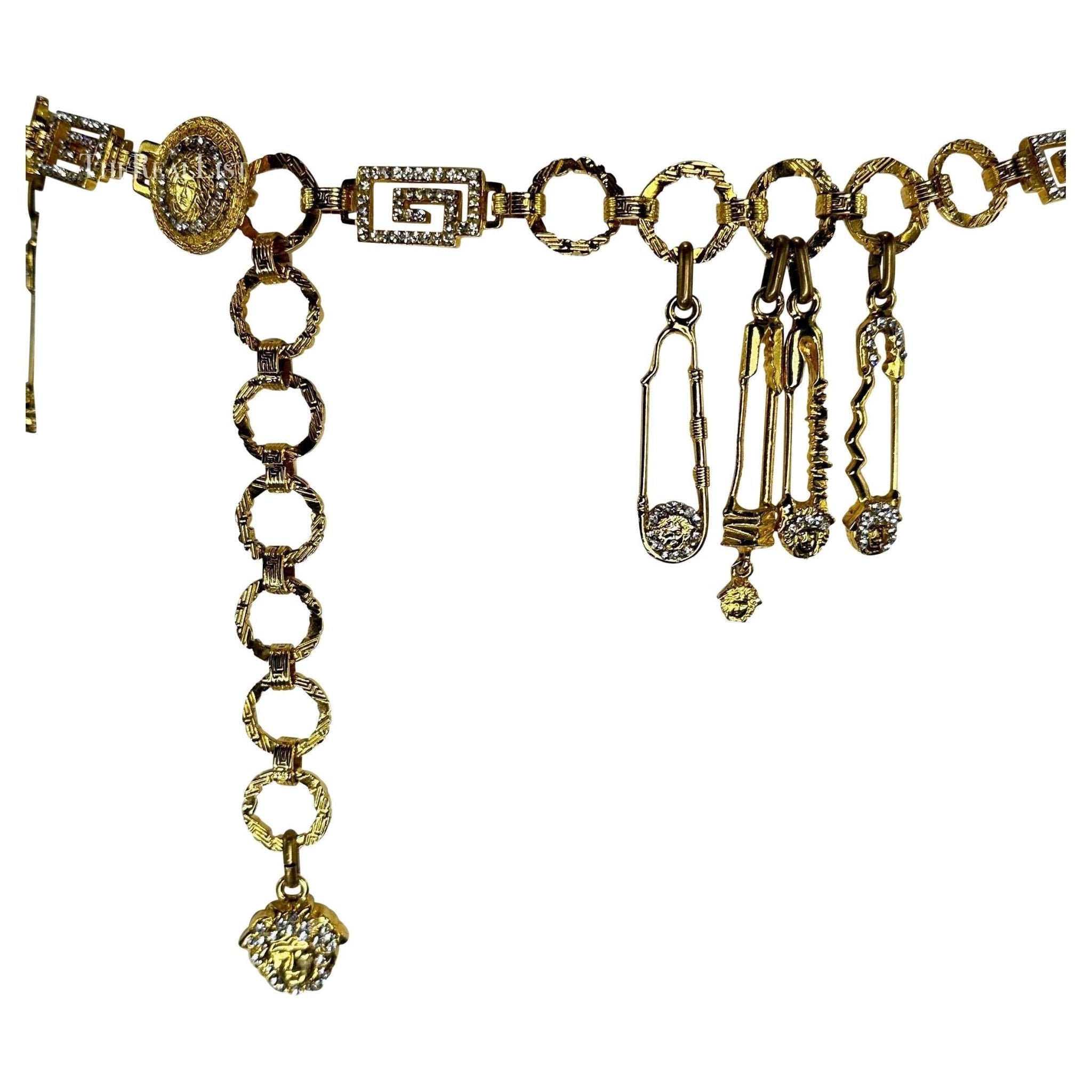 S/S 1994 Gianni Versace Gold Tone Rhinestone Safety Pin Medusa Chain Belt - RealList