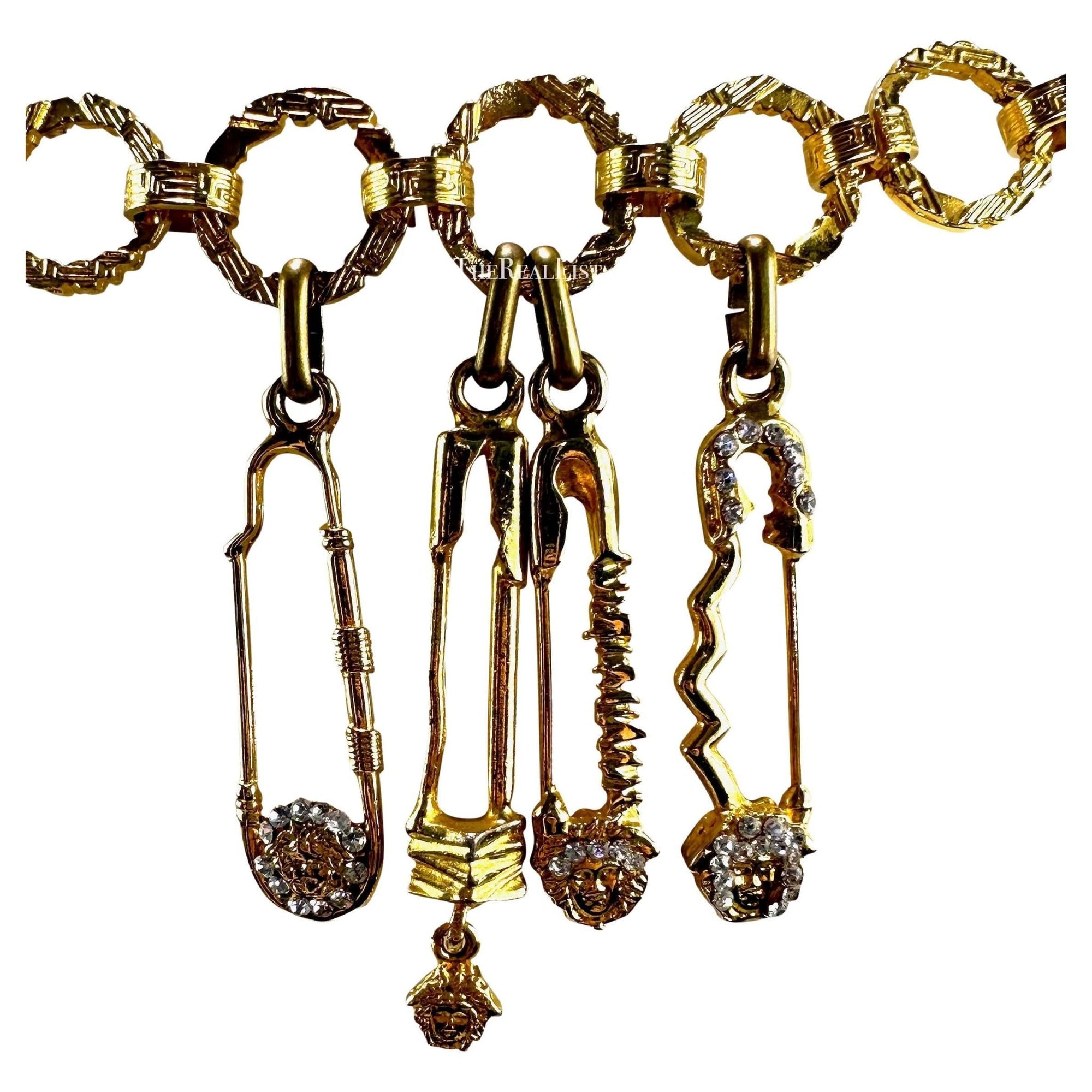 S/S 1994 Gianni Versace Gold Tone Rhinestone Safety Pin Medusa Chain Belt - RealList
