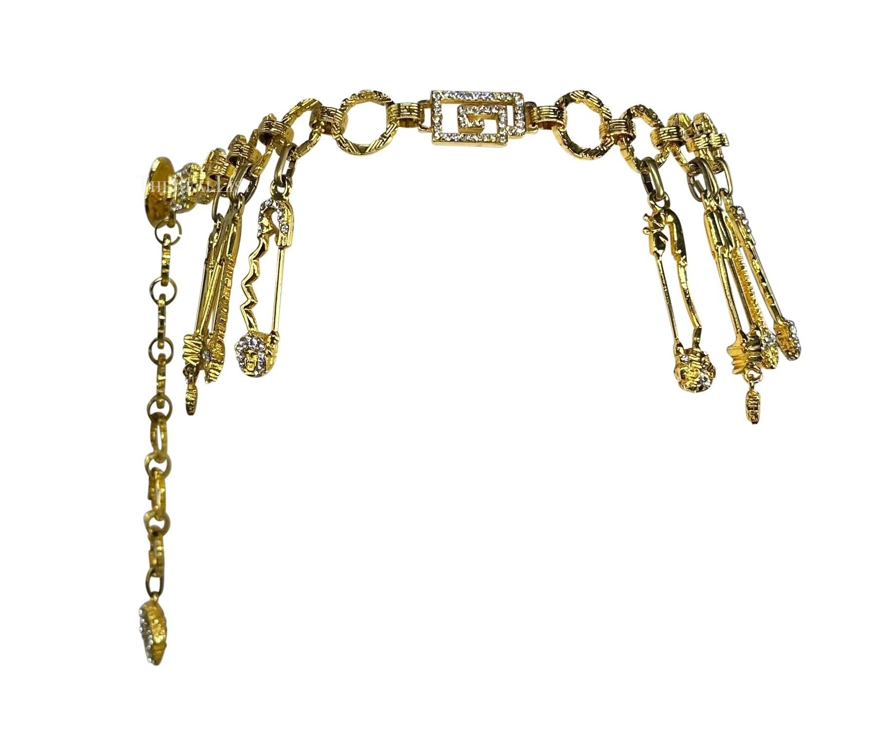 S/S 1994 Gianni Versace Gold Tone Rhinestone Safety Pin Medusa Chain Belt - RealList
