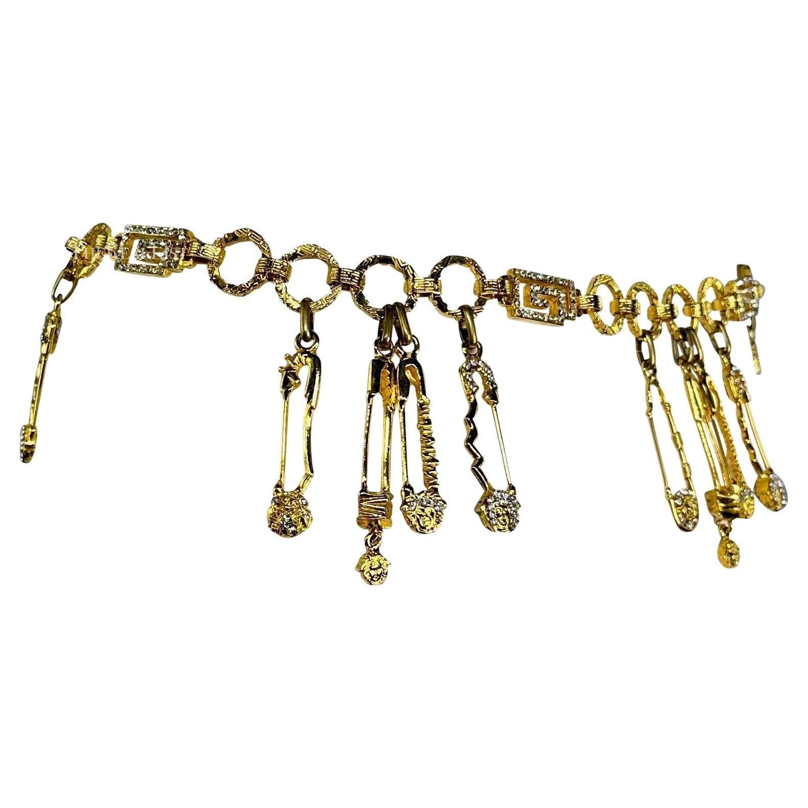 S/S 1994 Gianni Versace Gold Tone Rhinestone Safety Pin Medusa Chain Belt - RealList