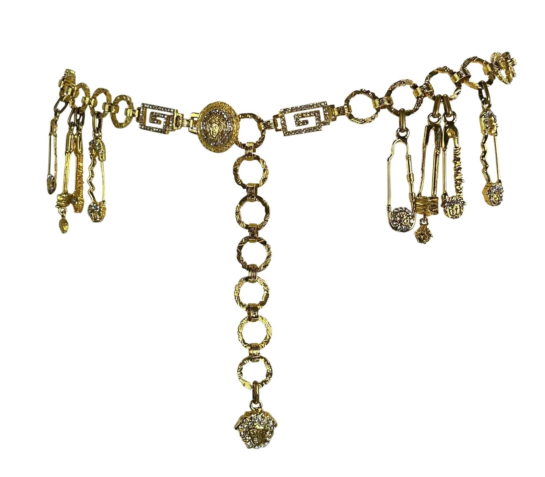 S/S 1994 Gianni Versace Gold Tone Rhinestone Safety Pin Medusa Chain Belt - RealList