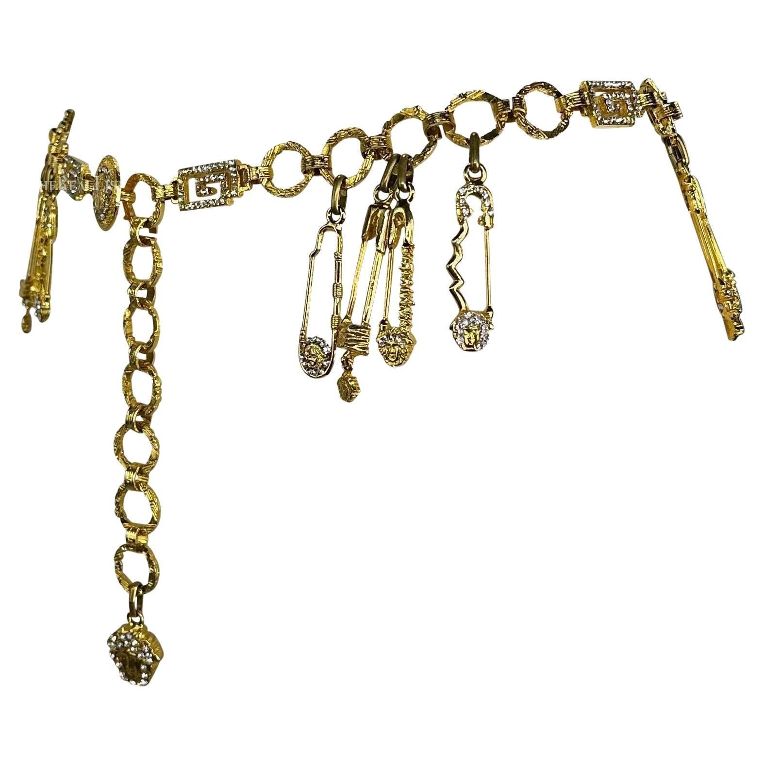 S/S 1994 Gianni Versace Gold Tone Rhinestone Safety Pin Medusa Chain Belt - RealList