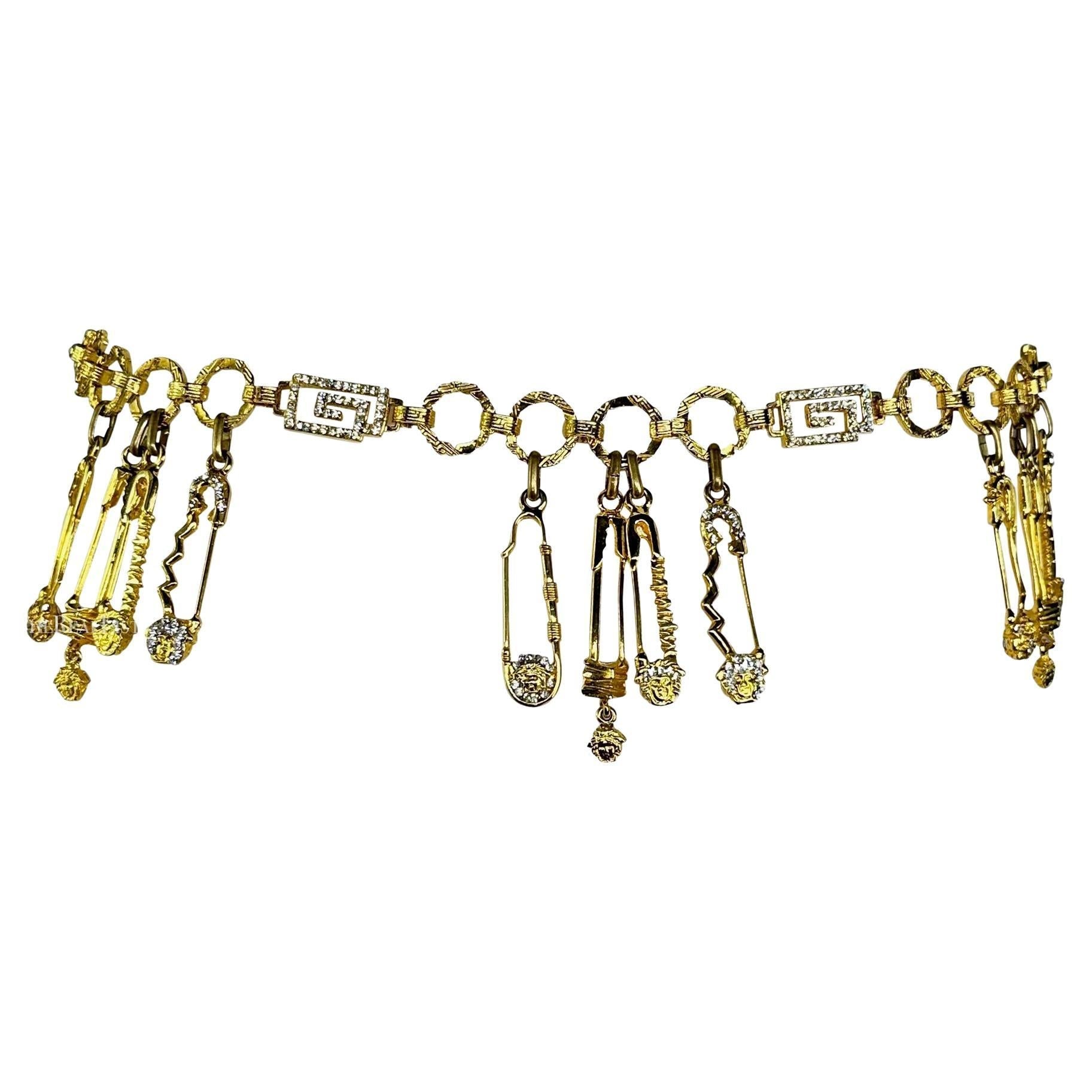 S/S 1994 Gianni Versace Gold Tone Rhinestone Safety Pin Medusa Chain Belt - RealList