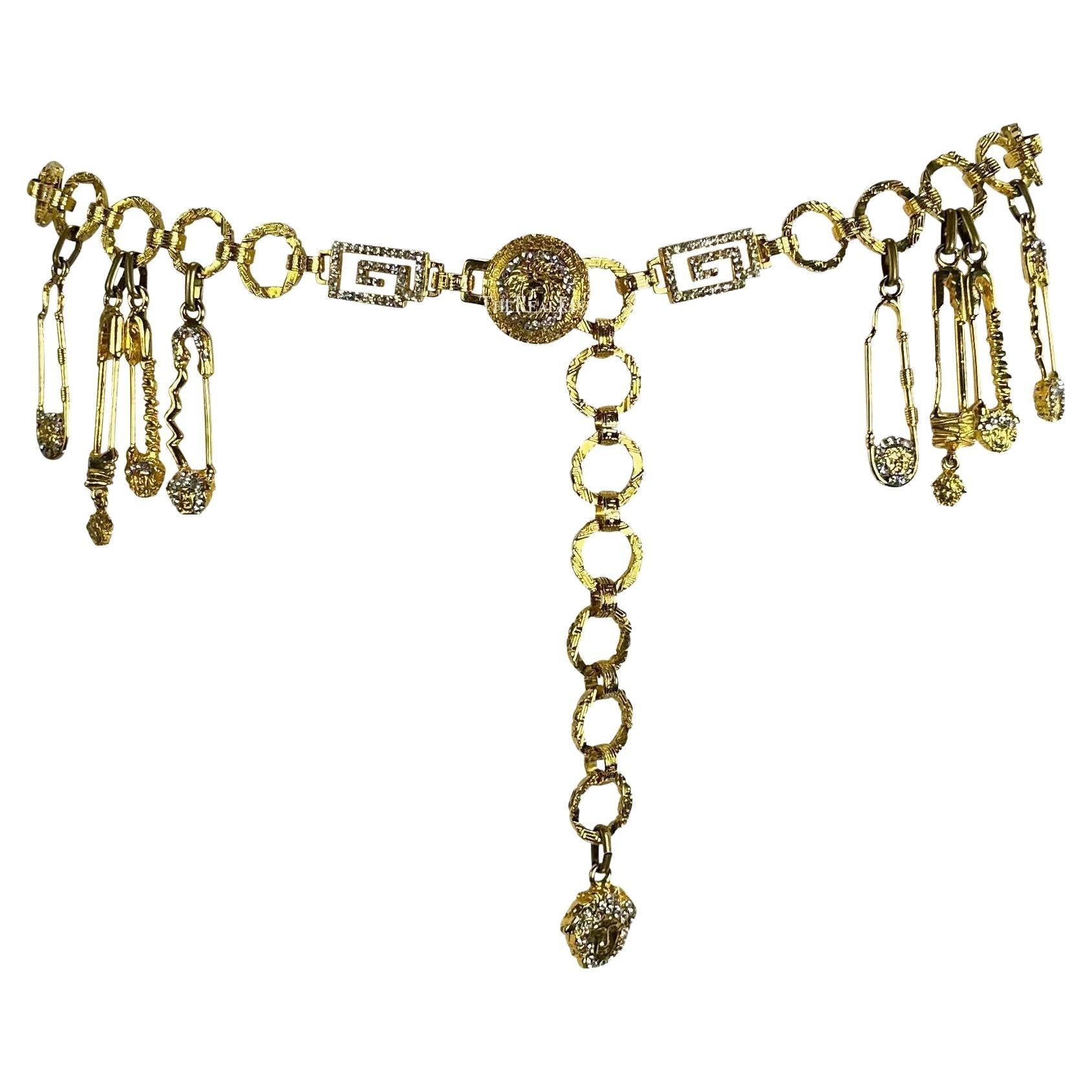 S/S 1994 Gianni Versace Gold Tone Rhinestone Safety Pin Medusa Chain Belt - RealList