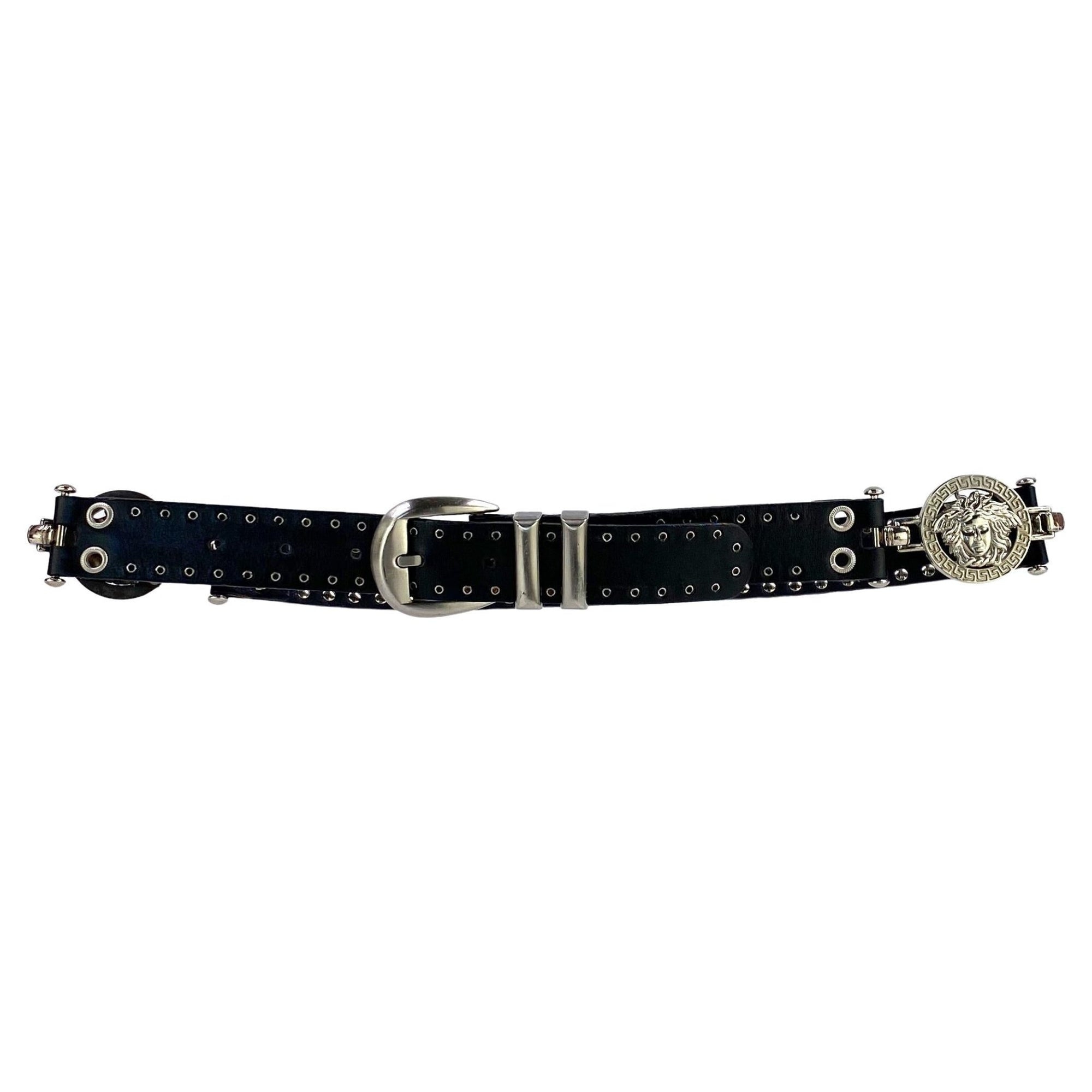 S/S 1994 Gianni Versace Medusa Medallion Black Leather Grommet Belt - RealList