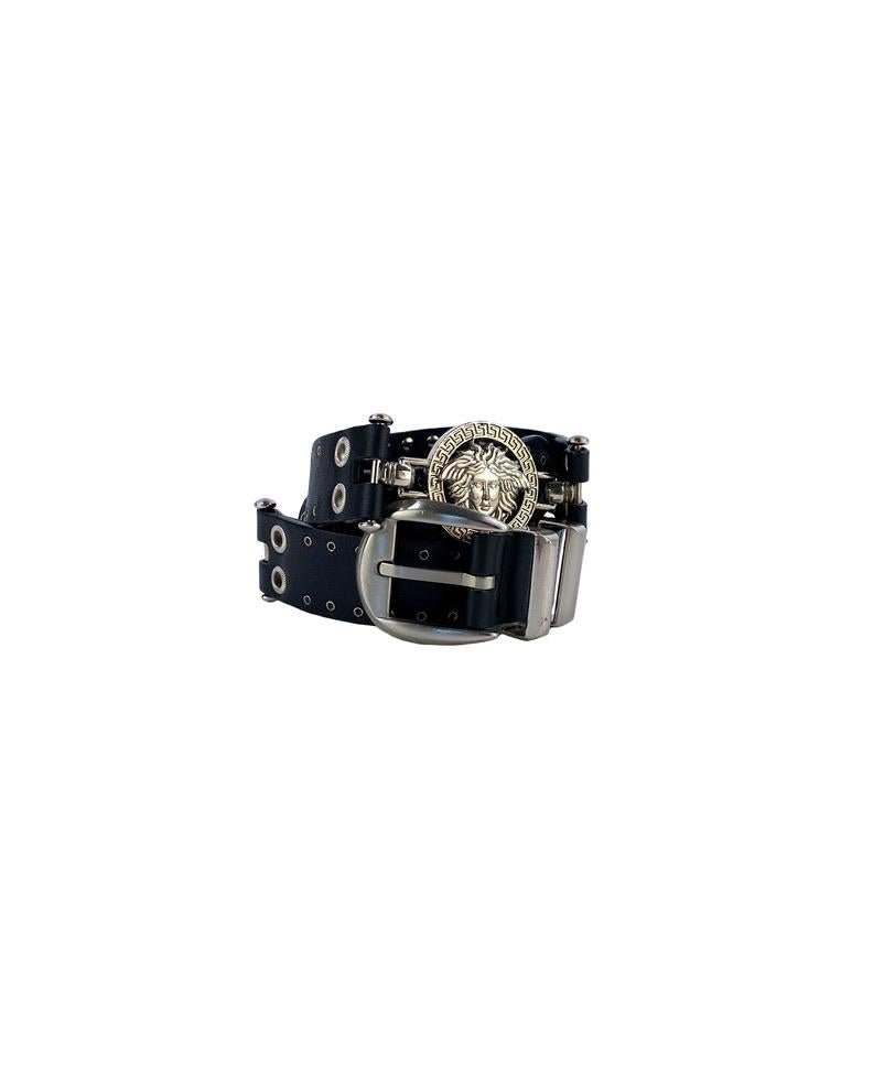 S/S 1994 Gianni Versace Medusa Medallion Black Leather Grommet Belt - RealList