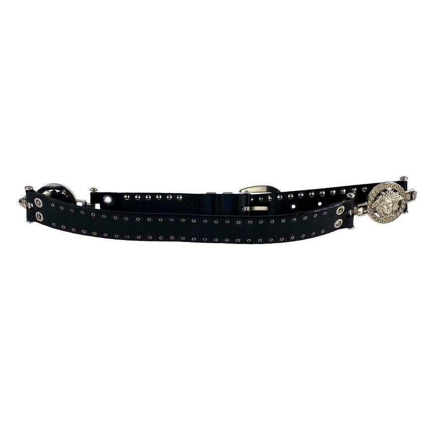 S/S 1994 Gianni Versace Medusa Medallion Black Leather Grommet Belt - RealList