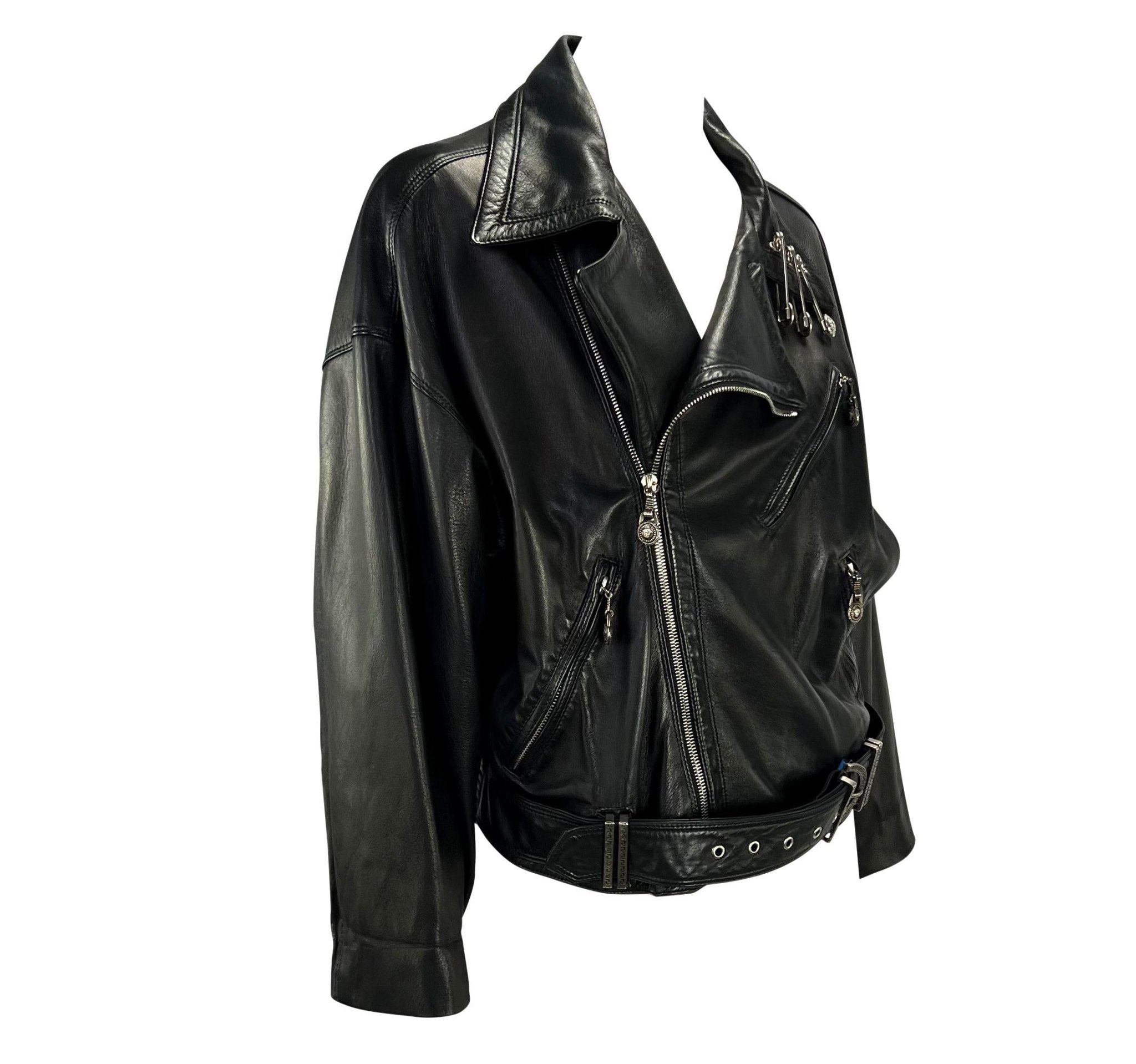 S/S 1994 Gianni Versace Medusa Safety Pin Leather Belted Moto Jacket - RealList